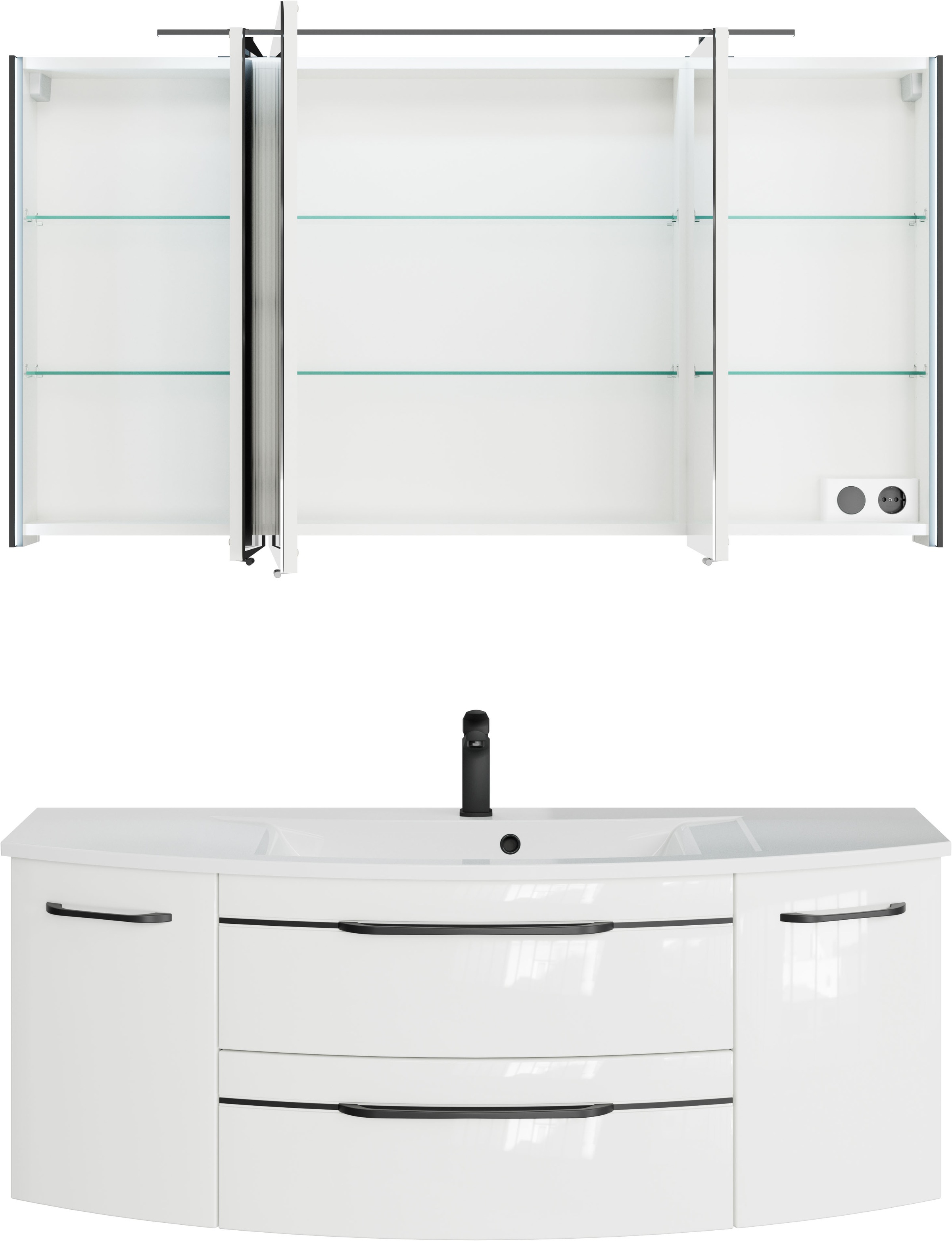 Saphir Badmöbel-Set »Serie 7045 2-teilig Mineralmarmor-Waschtisch mit LED-Spiegelschrank«, (Set, 2 St.), Badezimmer-Set 133,2 cm breit, inkl. Türdämpfer, 5 Türen, 2 Schubladen