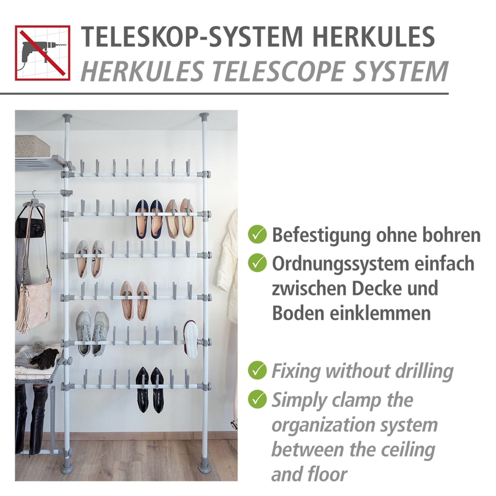 WENKO Schuhregal »Modell Herkules Shoes«, Teleskopregal für 48 Paar Schuhe, zum Klemmen ohne Bohren, verstellbar