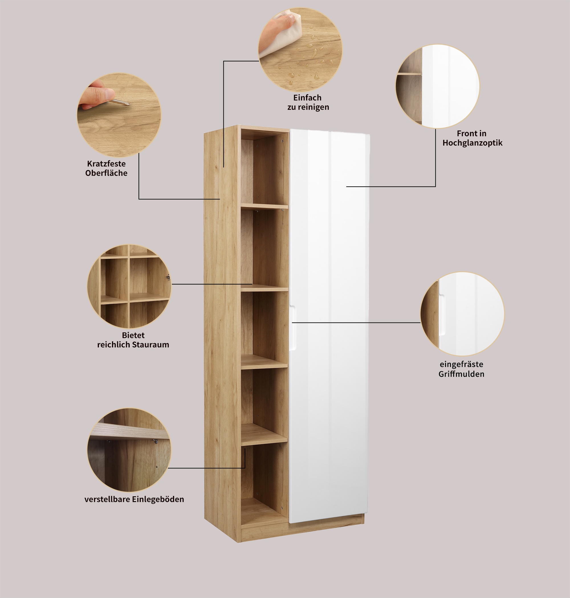 andas Aktenschrank »Lund«, mit Griffmulde & Hochglanzfront, 10 Fächer, Höhe 180 cm