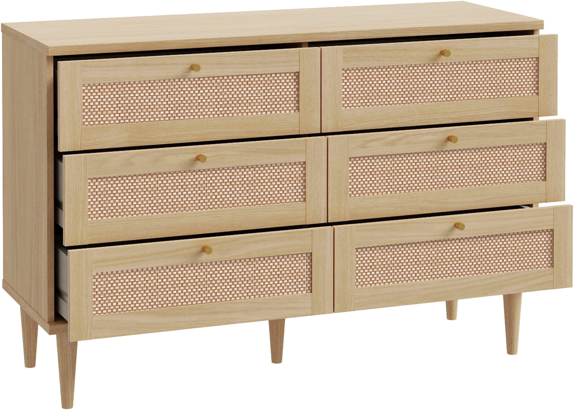 OTTO home Kommode »ELLIAN mit Wiener Geflechtoptik, 6 Schubkästen« Holzfüße, Metallgriffe, Made in EU, viel Stauraum