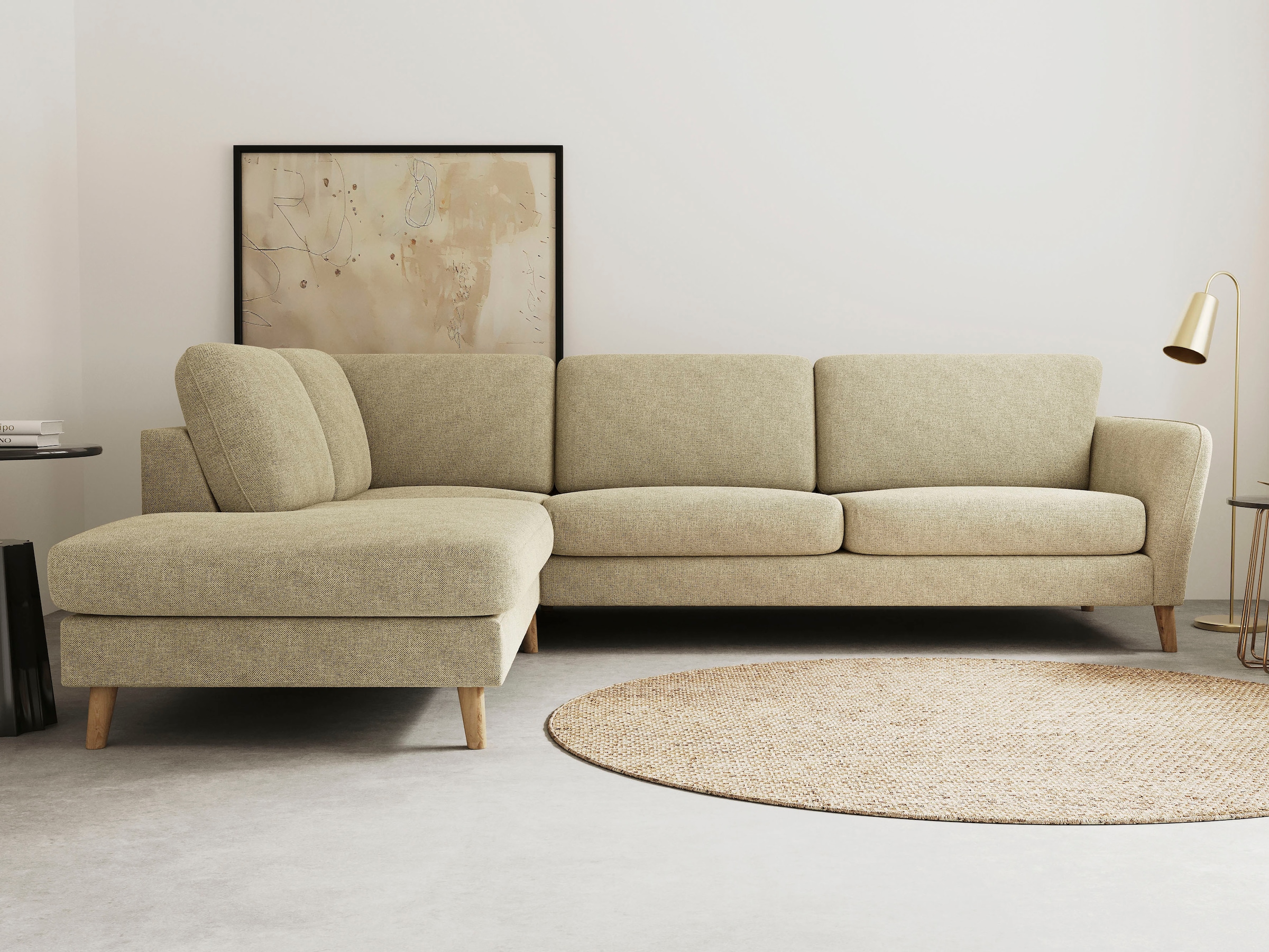 OTTO home Ecksofa "MARSEILLE 278/202 cm, L-Form, Ottom. rechts/links, verschiedene Bezüge" Massivholzbeine Eiche, Landhausstil, Wellenunterfederung