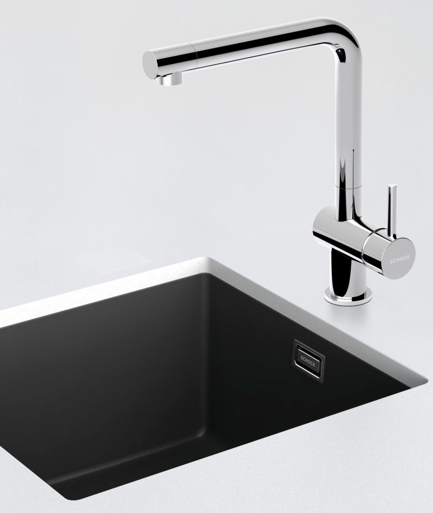 Küchenarmatur SCHOCK, B:21,2cm H:31cm Ø:5cm, schwarz, Messing, Armaturen, "Epos", Niederdruck, Festauslauf, Schwenkbereich 360