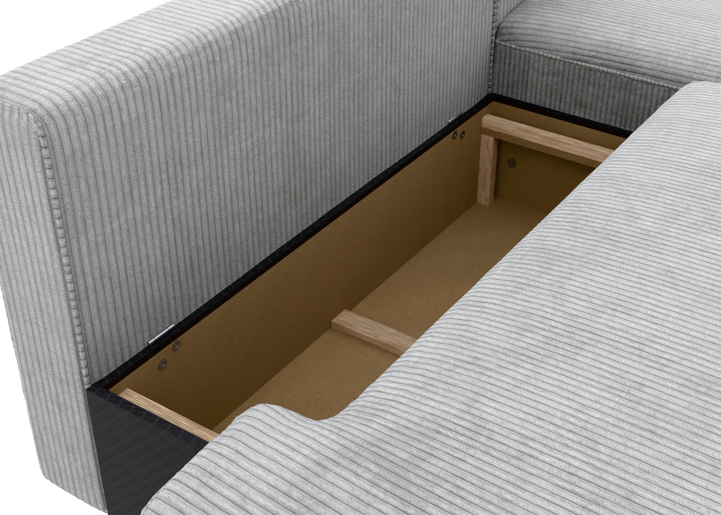 TRENDMANUFAKTUR Ecksofa »Fordon II, Schlafsofa mit Bettkasten, Couch in L-Form, Breite 250 cm«, in Cordstoff HYPER, betongrau, Armlehne rechts