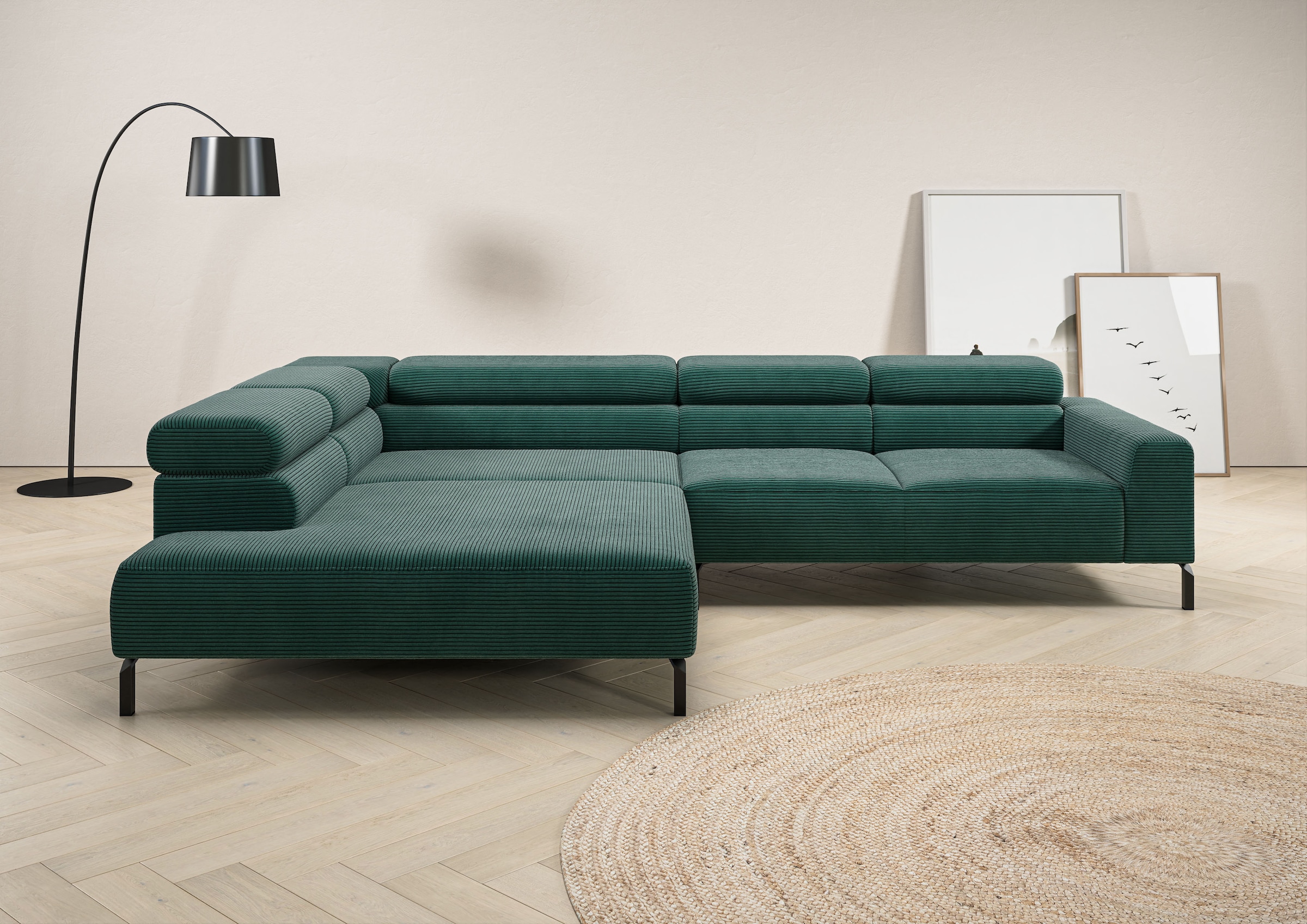 Home affaire Ecksofa "Antonelli, L-Form, incl. Kopfteilverstellung, Breite 312 cm" ohne Sitztiefenverstellung, in Cord, grün