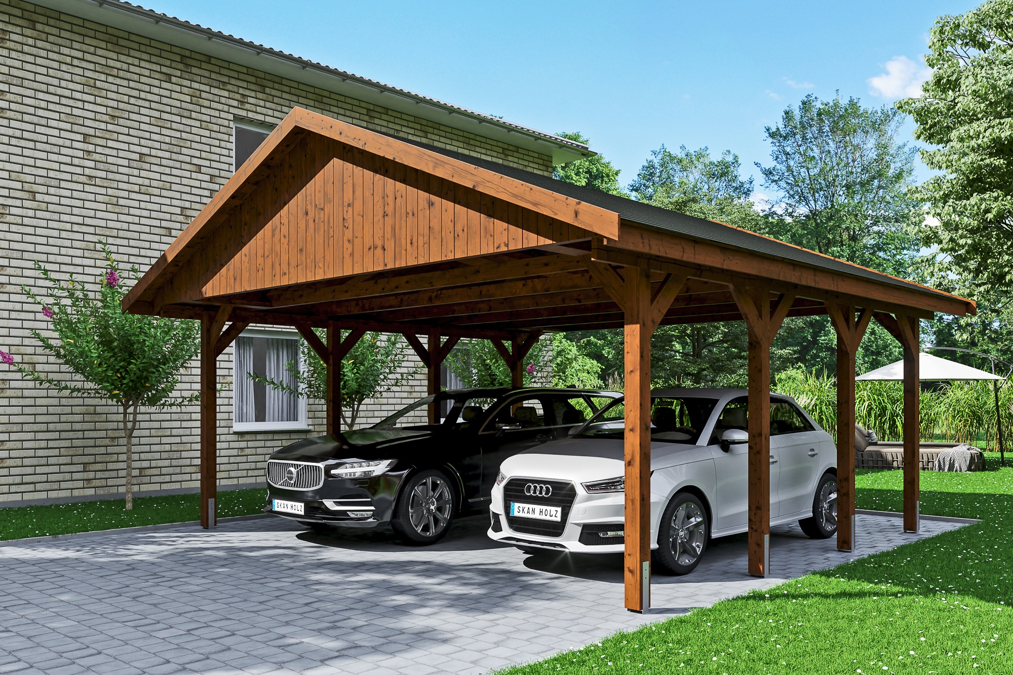 Skanholz Doppelcarport "Wallgau" Massivholz 530 cm Nussbaum mit schwarzen Dachschindeln