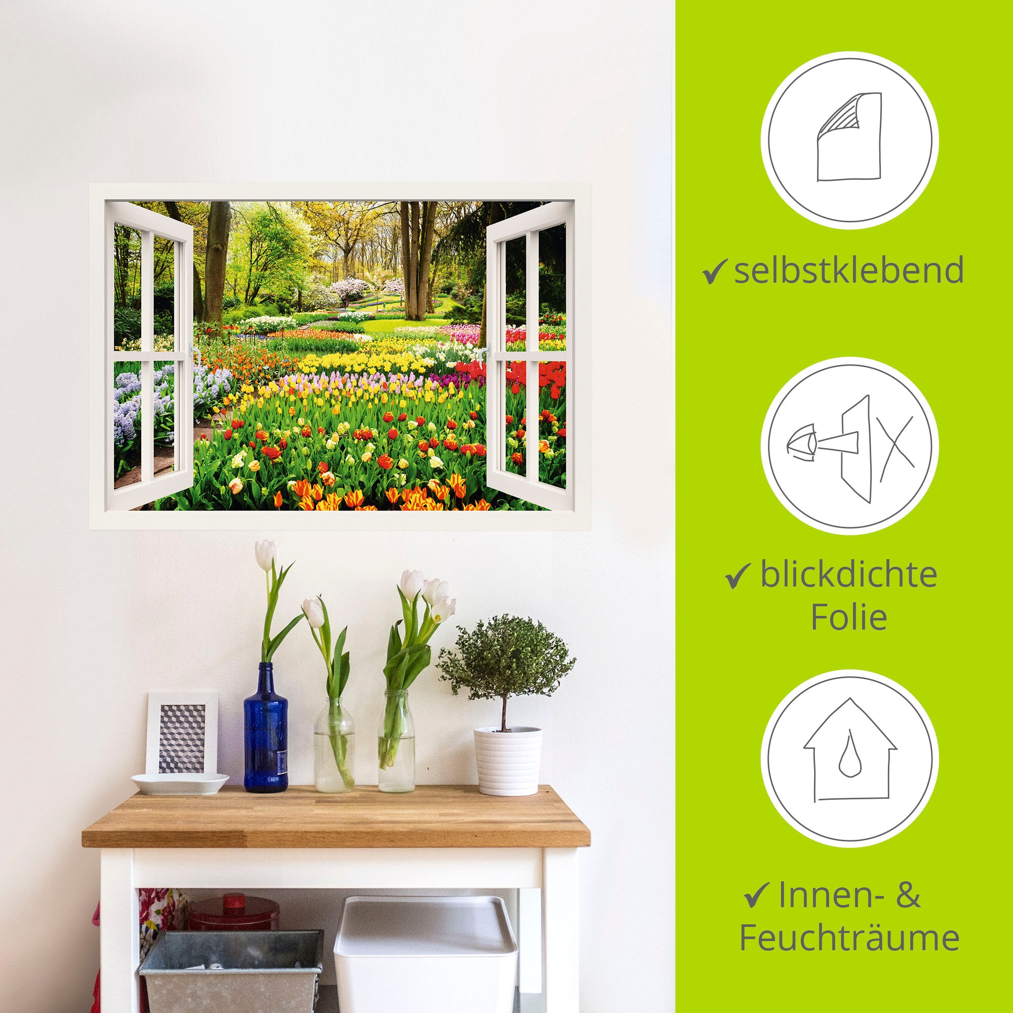 Artland Wandbild »Fensterblick Tulpen Garten Frühling«, Fensterblick, (1 St.), als Alubild, Outdoorbild, Leinwandbild, Poster, Wandaufkleber