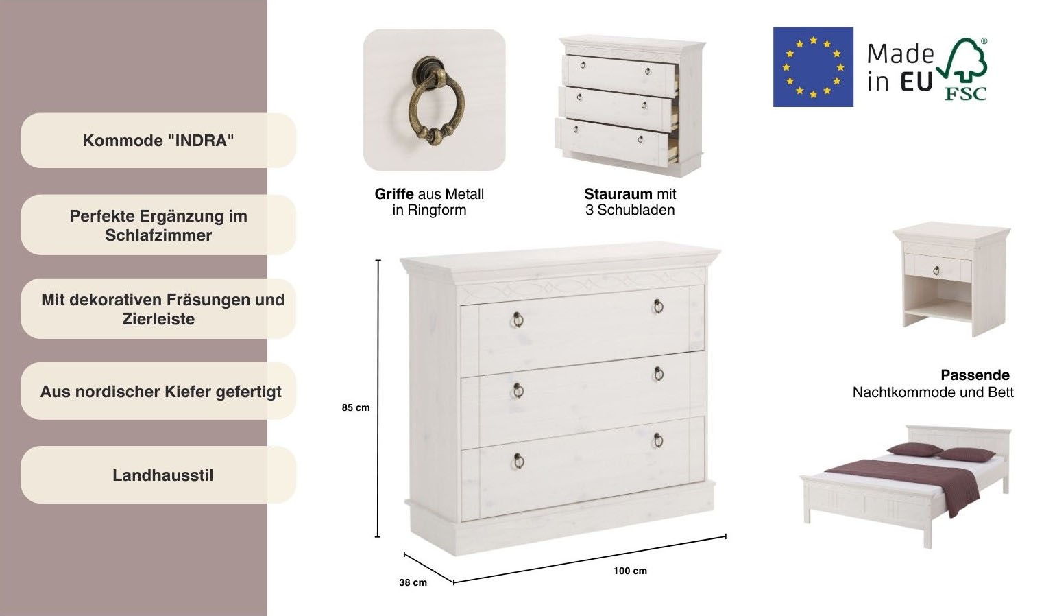 Thumbnail - OTTO home Schubkastenkommode "Indra" aus massiver Kiefer, mit 3 Schubladen, Breite: 100 cm