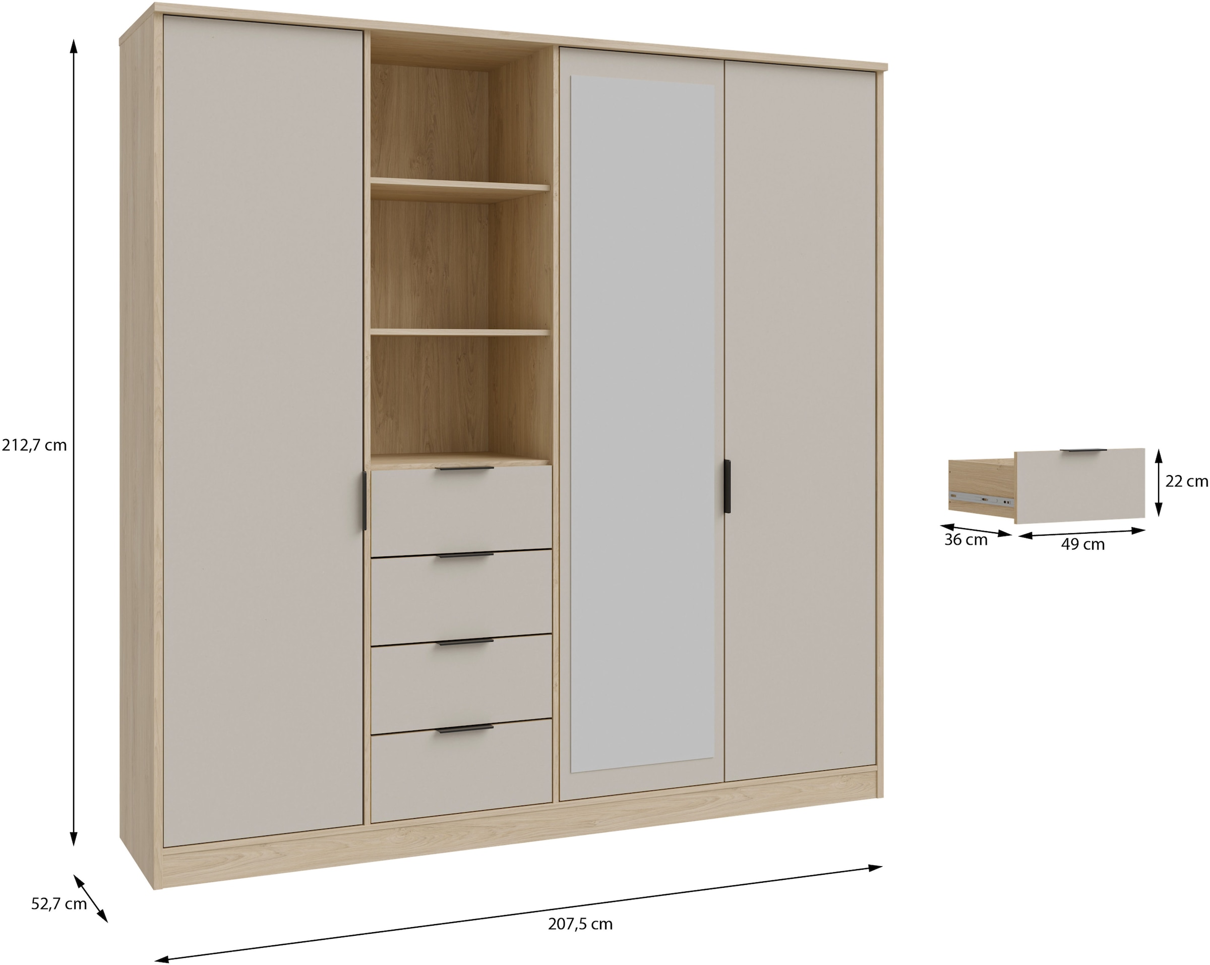 FORTE Kleiderschrank »Forte FORTASTA, 4 Schubladen, offene Ablage« B/H/T 207,5/212,7/52,7 cm, Spiegeltüre