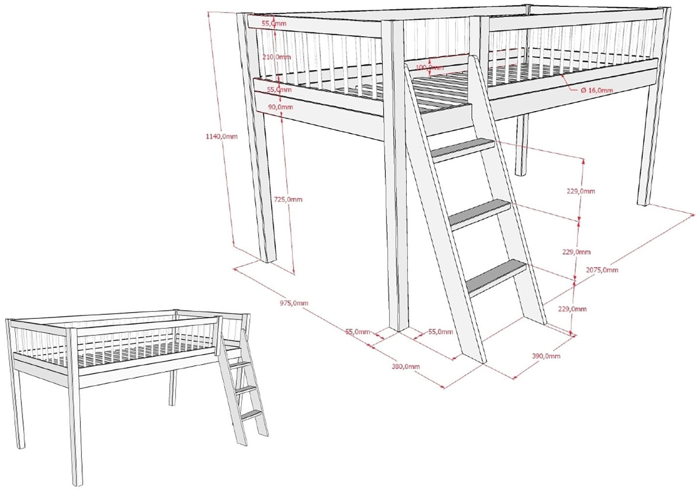 Vipack Spielbett »Forrest, Absturzschutz mit Sprossen-Optik, Pfostenstärken ca. 50x50mm« Buche natur lackiert, stabil und hochwertig gebaut, inkl. Lattenrost,  90/200 cm, Spielbereich unter dem Bett, 2 Textil-Set´s zur Wahl