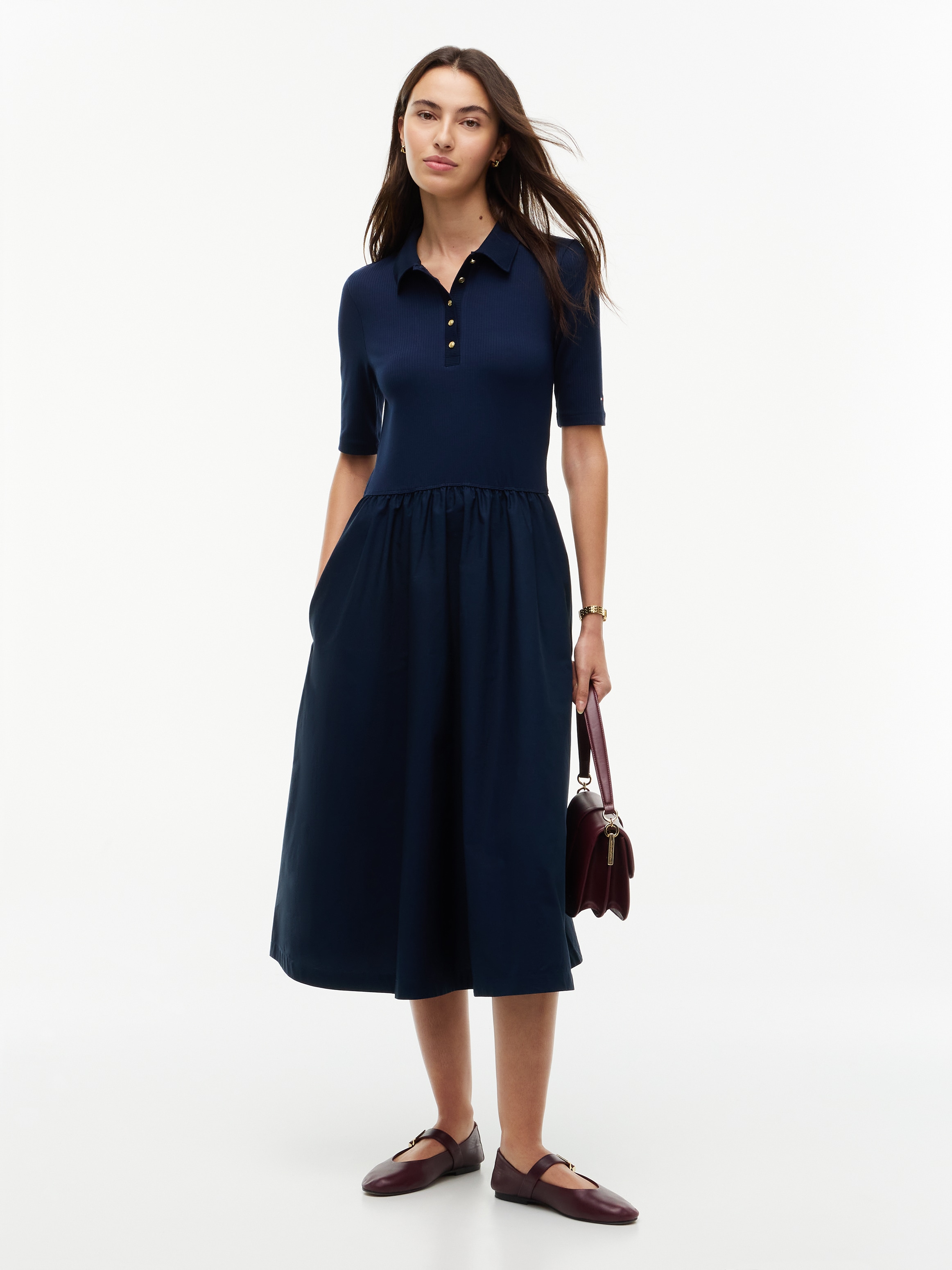 Tommy Hilfiger Midikleid "5X2 RIB F&F MIDI S/S POLO DRESS" Baumwolle, figurbetont, in gerippter Struktur