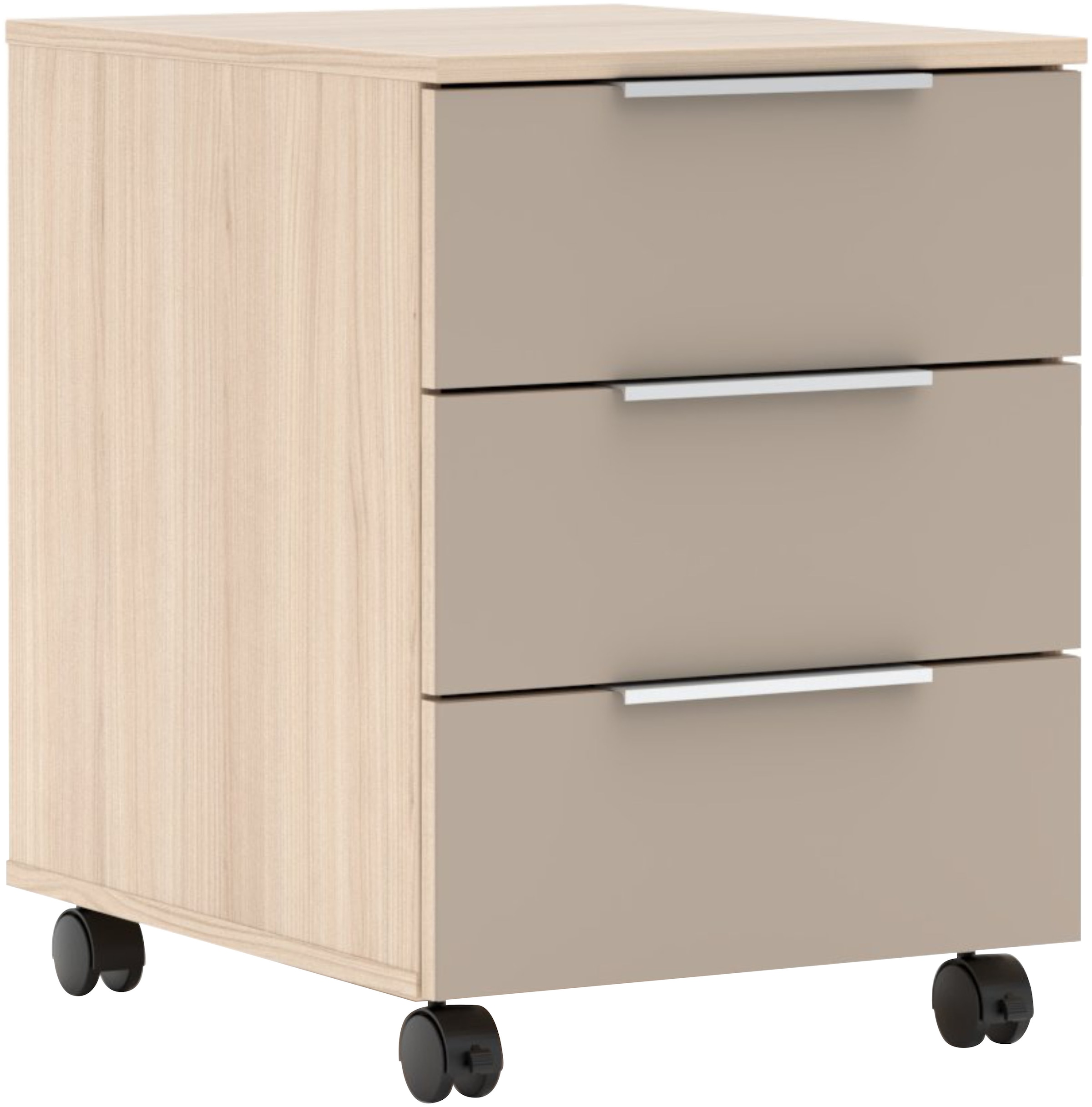 Rollcontainer INNOSTYLE, B:45cm H:55cm T:17cmcashmere, riva eiche, Glas, Holzwerkstoff, Büro, Rollwagen, "Santorin", Rollen teilweise mit Bremse