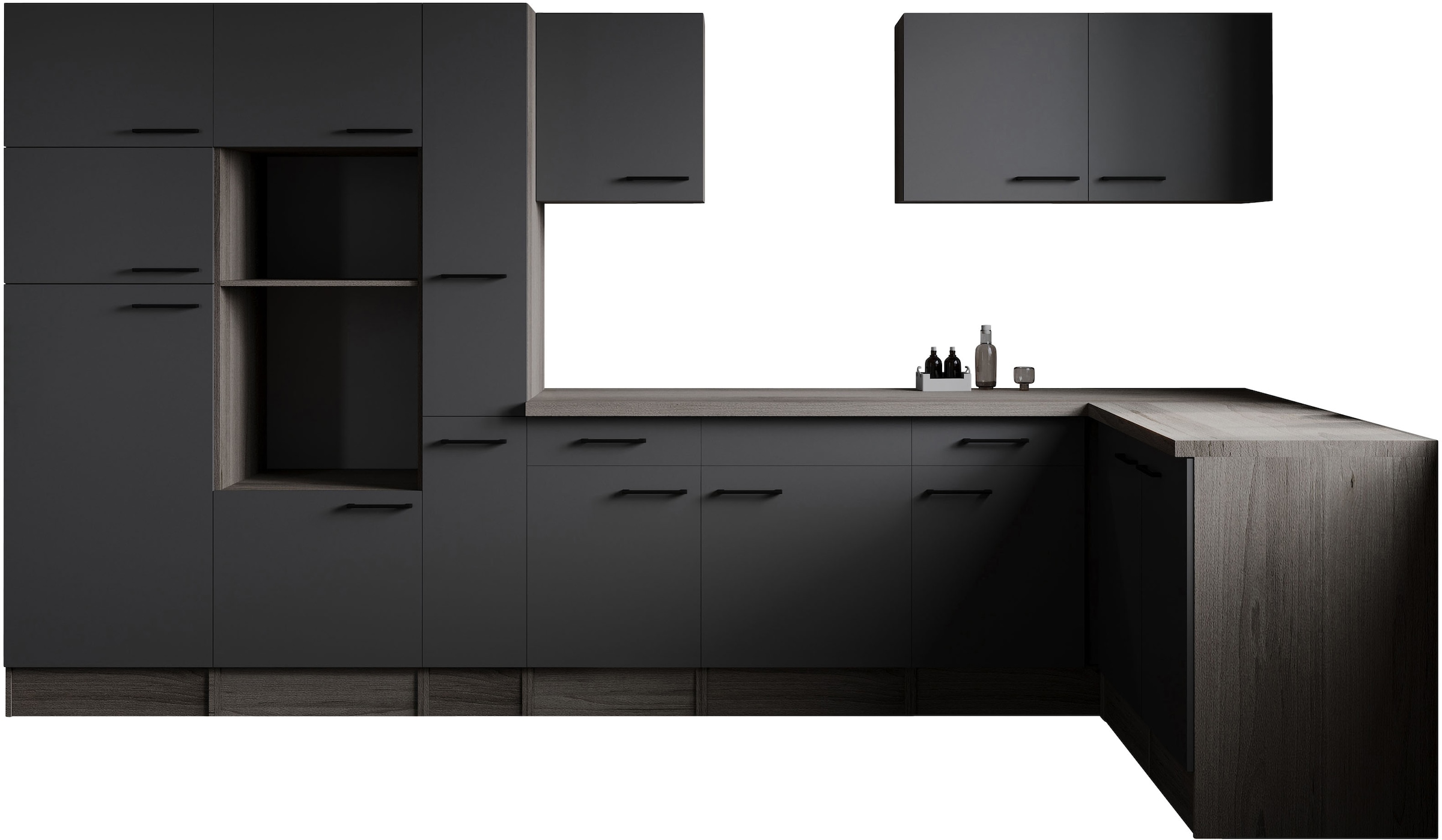 Winkelküche RESPEKTA, B:370cm H:205cm T:172cmküche: grau, front: grau matt, korpus: eiche york nachbildung, arbeitsplatte: eiche york nachbildung,