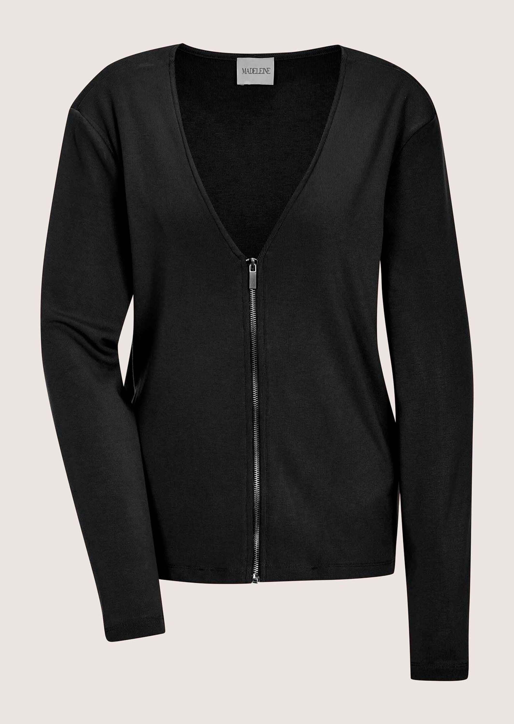Langarmshirt MADELEINE "Shirtjacke Elegante Viskosejacke mit Reißverschluss", Damen, Gr. 34, schwarz, Obermaterial: 70% Viskose CV. 25% Polyester PES. 5% Elasthan EL., Modern, Shirts Langarmshirt, Durchgehender Reißverschluss