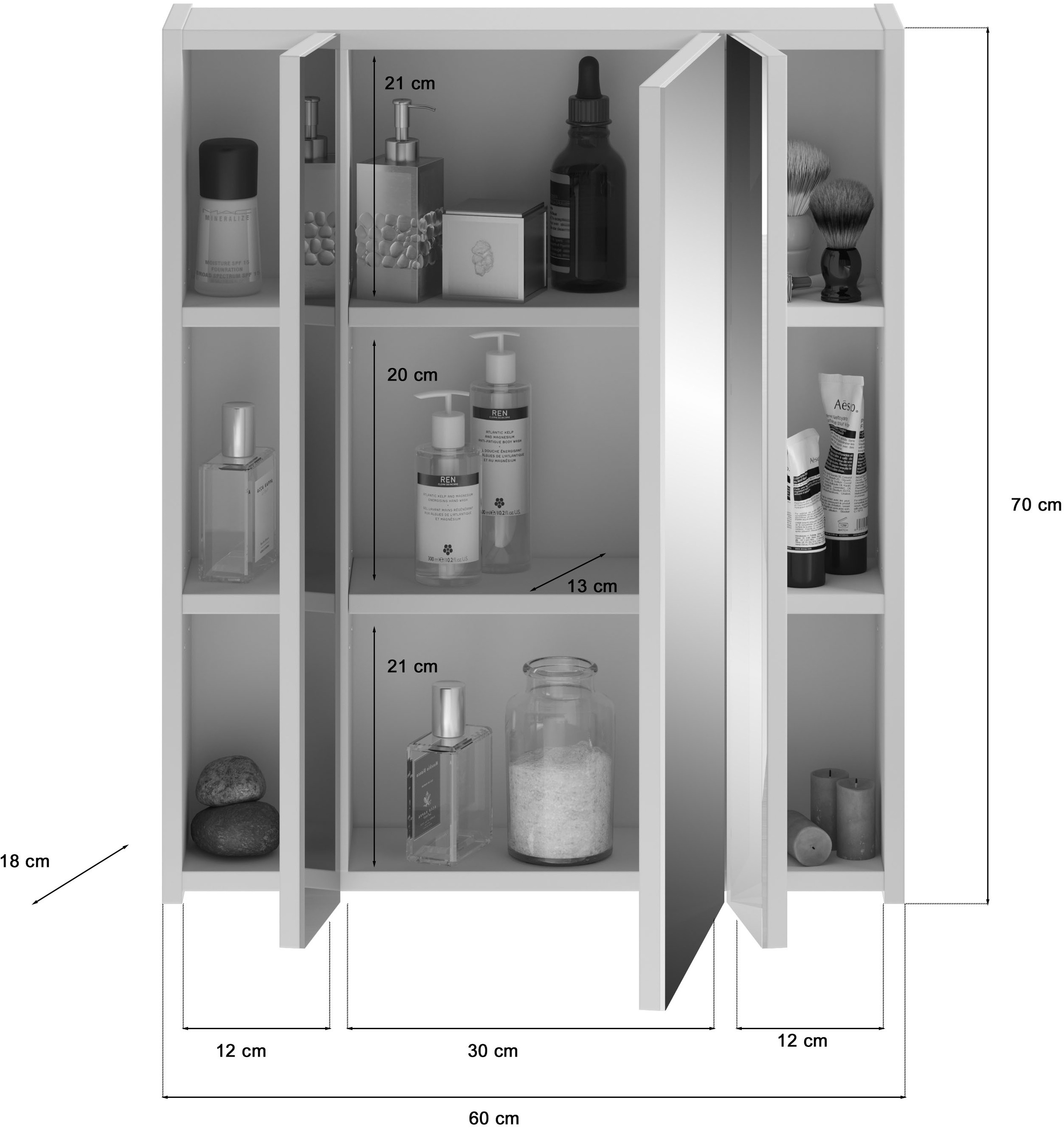 INOSIGN Badezimmerspiegelschrank »Malmö, Breite 60 cm, inkl. LED Beleuchtung, 3 Spiegeltüren, 9 Fächer«, in verschiedenen Farben erhältlich, Badmöbel, Spiegel, Badschrank, Bad