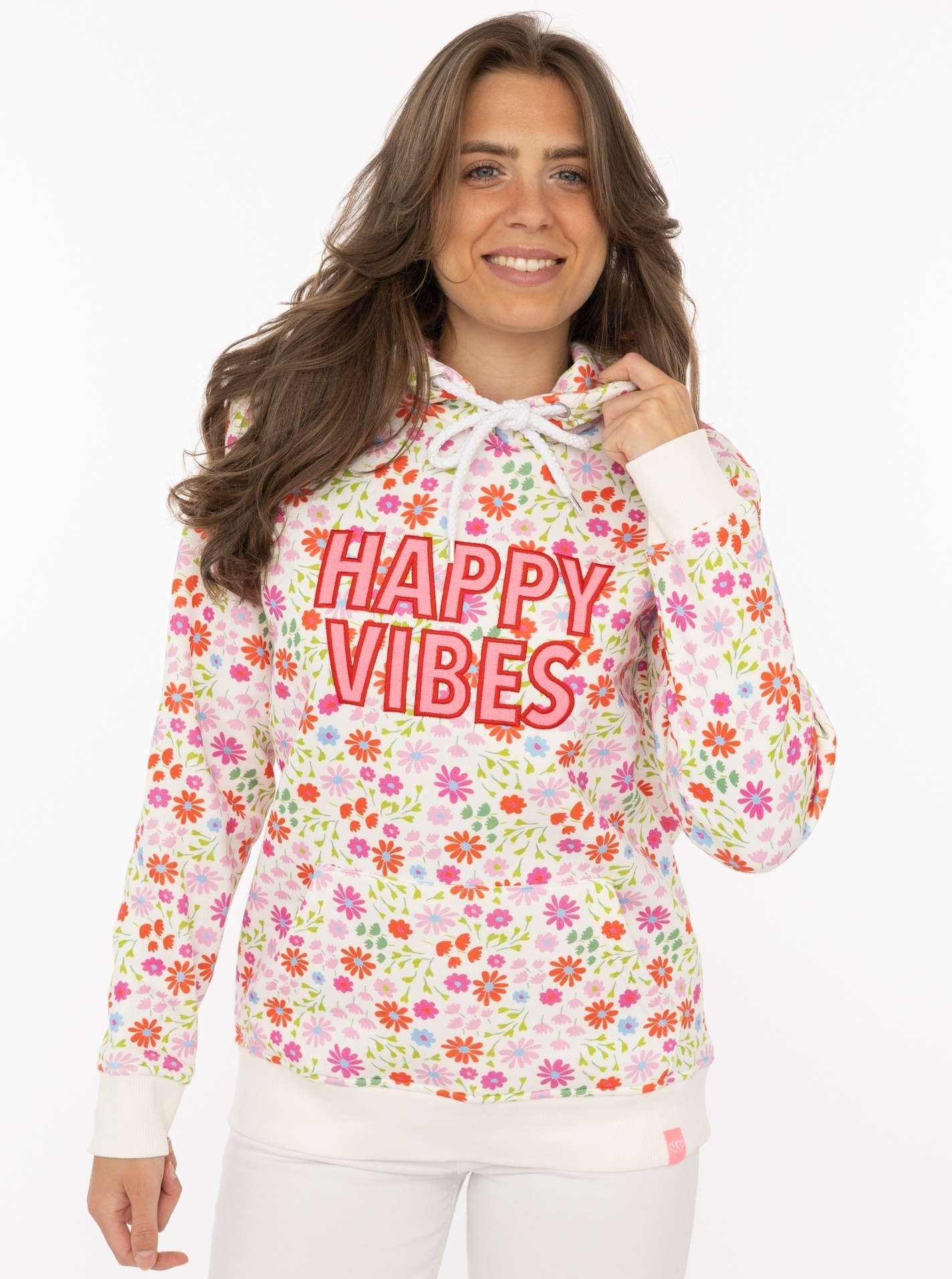 Zwillingsherz Hoodie ""AOP Flower Happy Vibes"", All-Over-Print, gestickter Schriftzug, Kapuze, elastische Bündchen