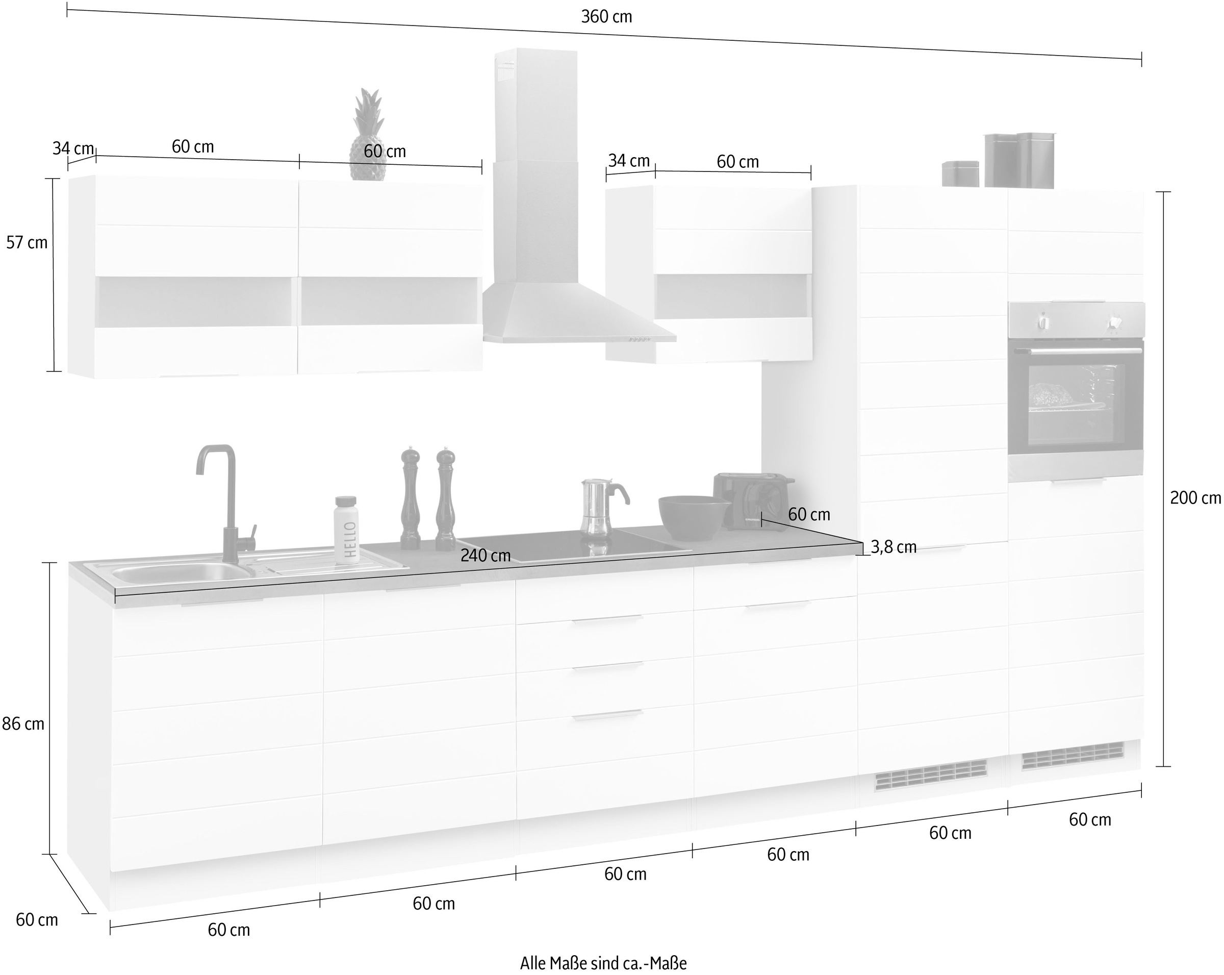 KOCHSTATION Küchenzeile »KS-Luhe« 360 cm breit, wahlweise mit oder ohne E-Geräten, gefräste MDF-Fronten
