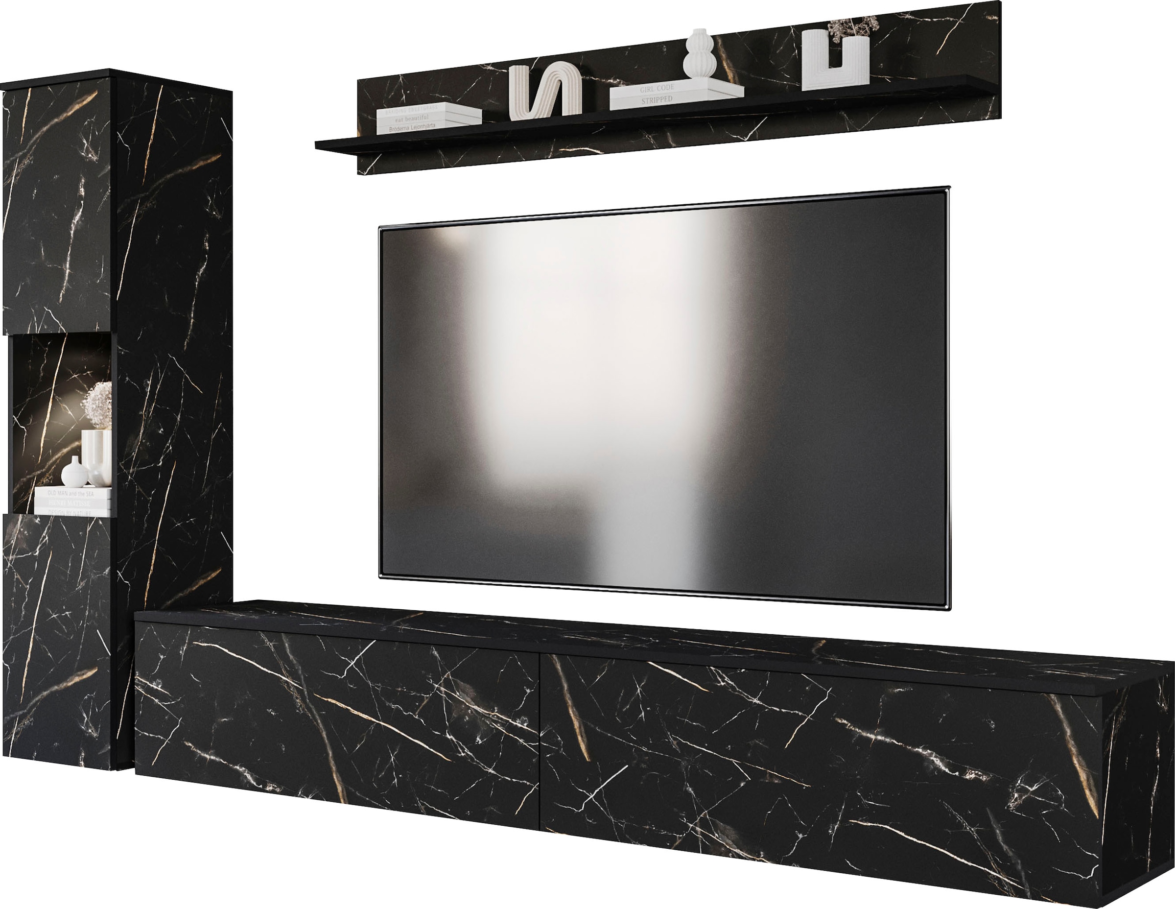 INOSIGN Wohnwand »PARIS, Vitrine Türanschlag links/rechts wechselbar«, (Komplett-Set, 3 St.), grifflose Design, stehend und hängend montierbar