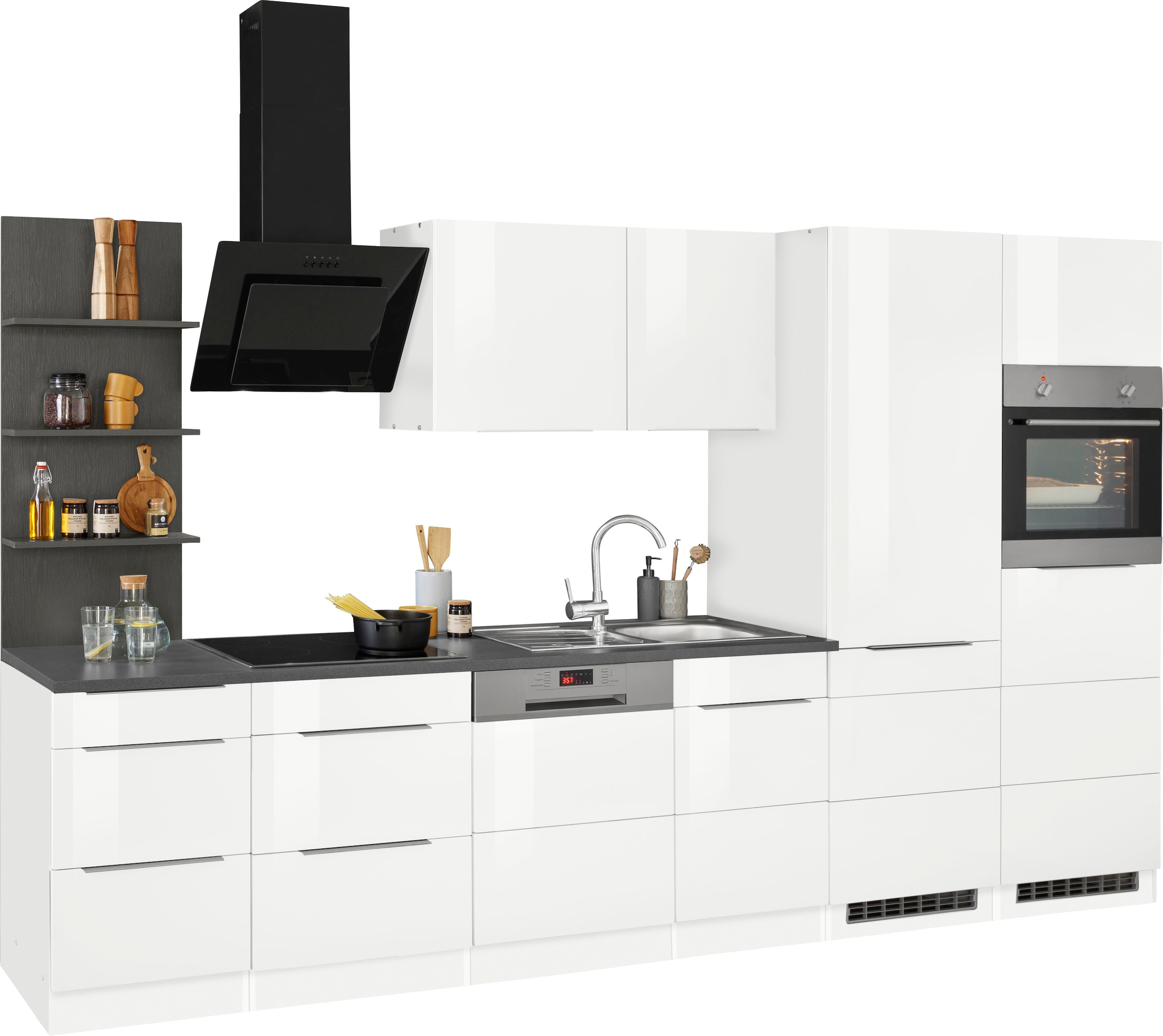 KOCHSTATION Küchenzeile »KS-Brindisi Breite 340 cm« wahlweise mit E-Geräten und Induktion, mit MDF-Fronten und Regal