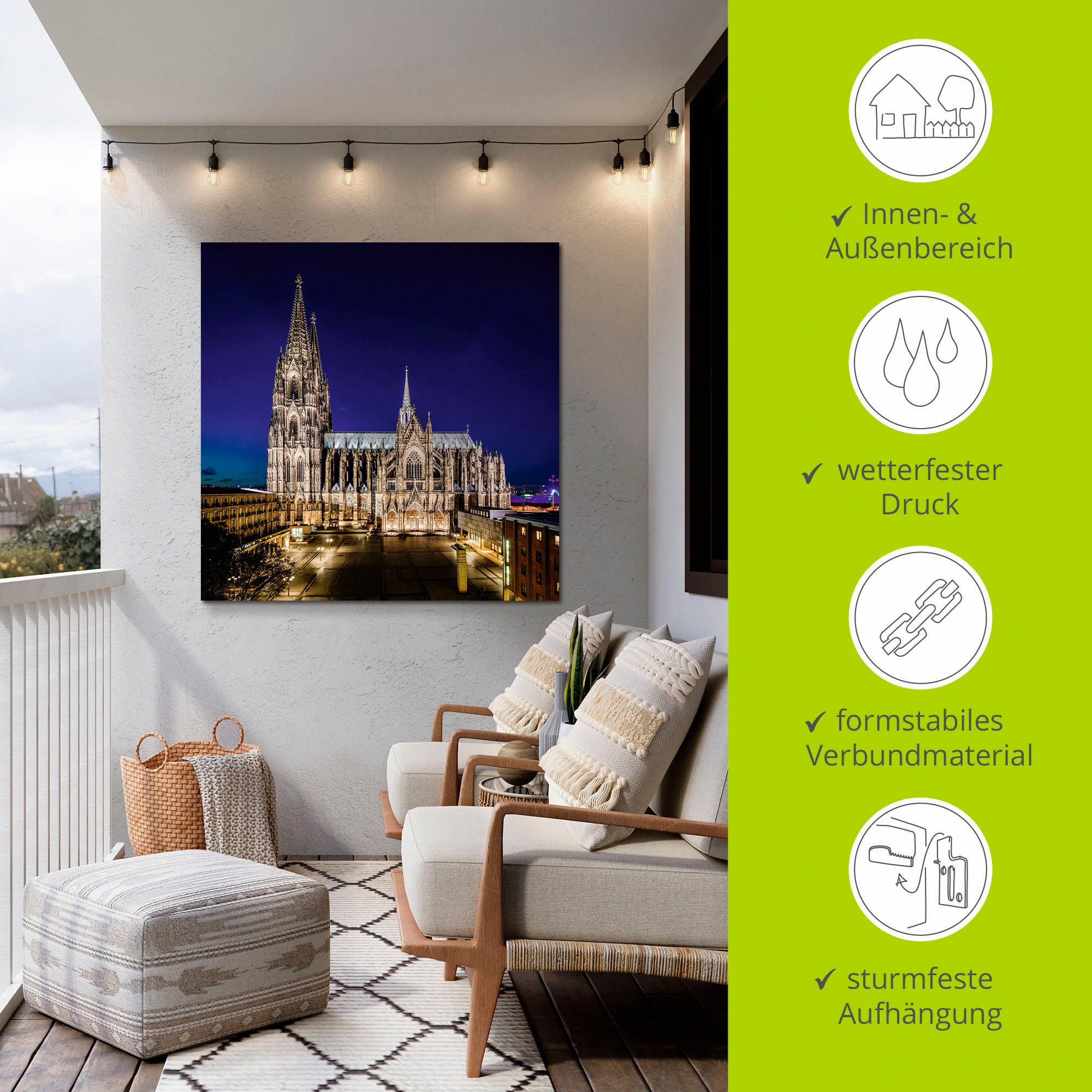 Artland Alu-Dibond-Druck »Kölner Dom am Abend«, Gebäude, (1 St.), für Innen- und Außenbereich geeignet, Outdoorbild