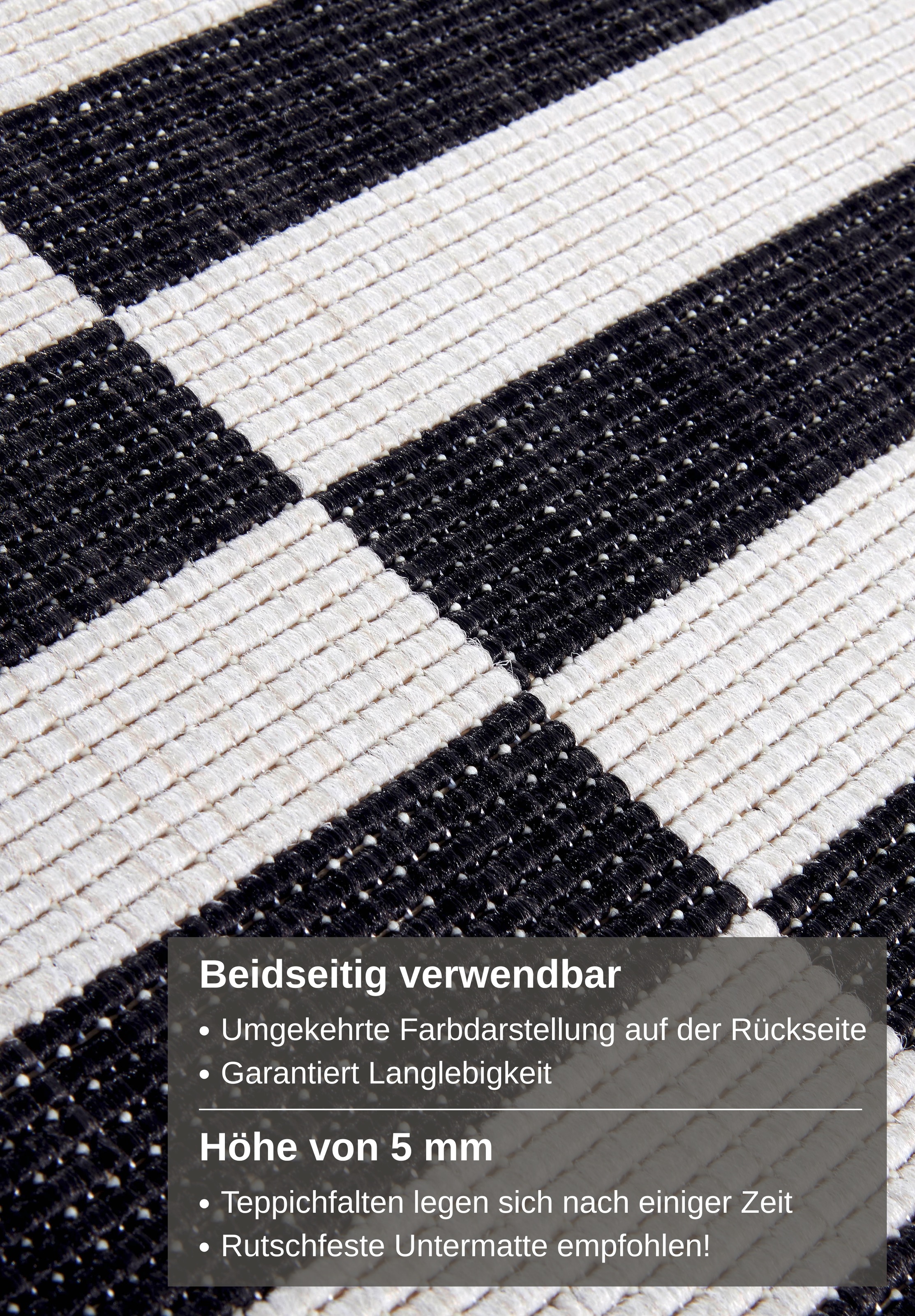 Teppich MY HOME "Viela Outdoor Wendeteppich, auch als Läufer erhältlich", schwarz-weiß (schwarz, weiß), B:80cm H:5mm L:200cm, Polypropylen, Teppiche, Teppich, schwarz weiß, Flachgewebe, Balkon, Wohnzimmer, In-Outdoor, wasserfest 3