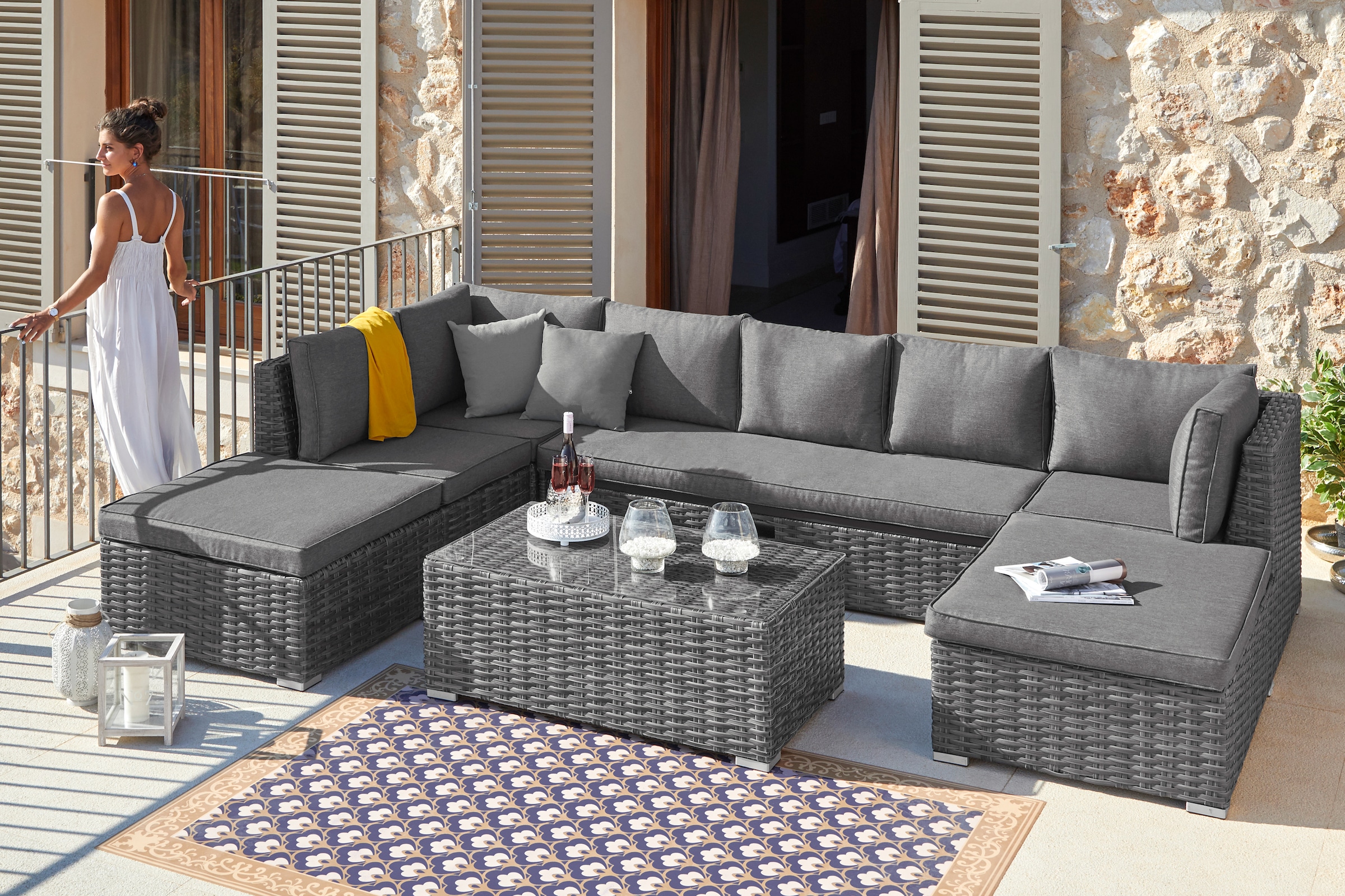 KONIFERA Gartenlounge-Set "New York", (21 tlg., 1x 3er AZ-Sofa, 1x Ecke, 1x Sessel, 1x Ottomane mit Staufach, 1x Tisch),