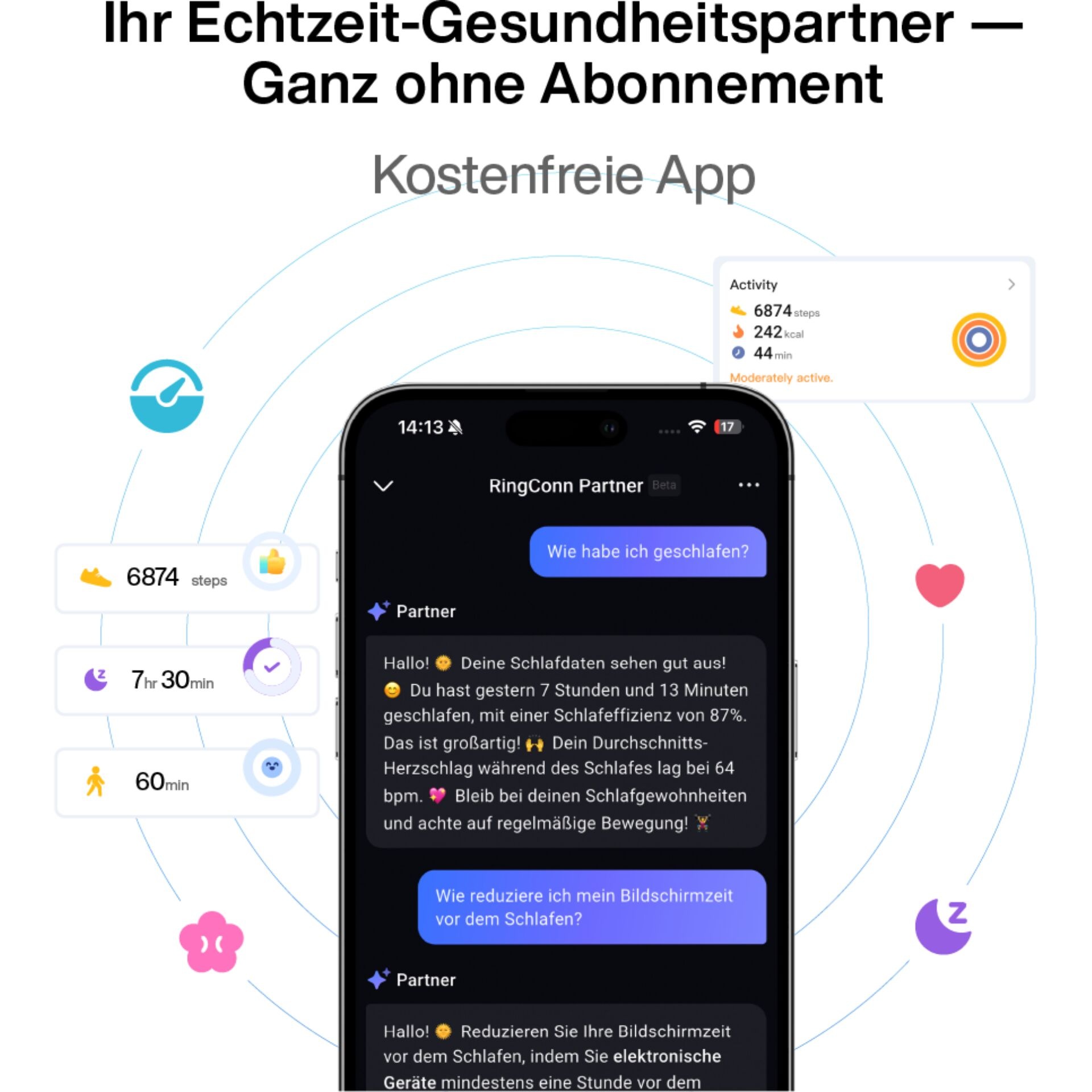 RingConn Smart Ring »Gen2 - der perfekte Begleiter für Ihre Gesundheit und Fitness« eine gratis App bietet detaillierte Einblicke in die Gesundheitsdaten