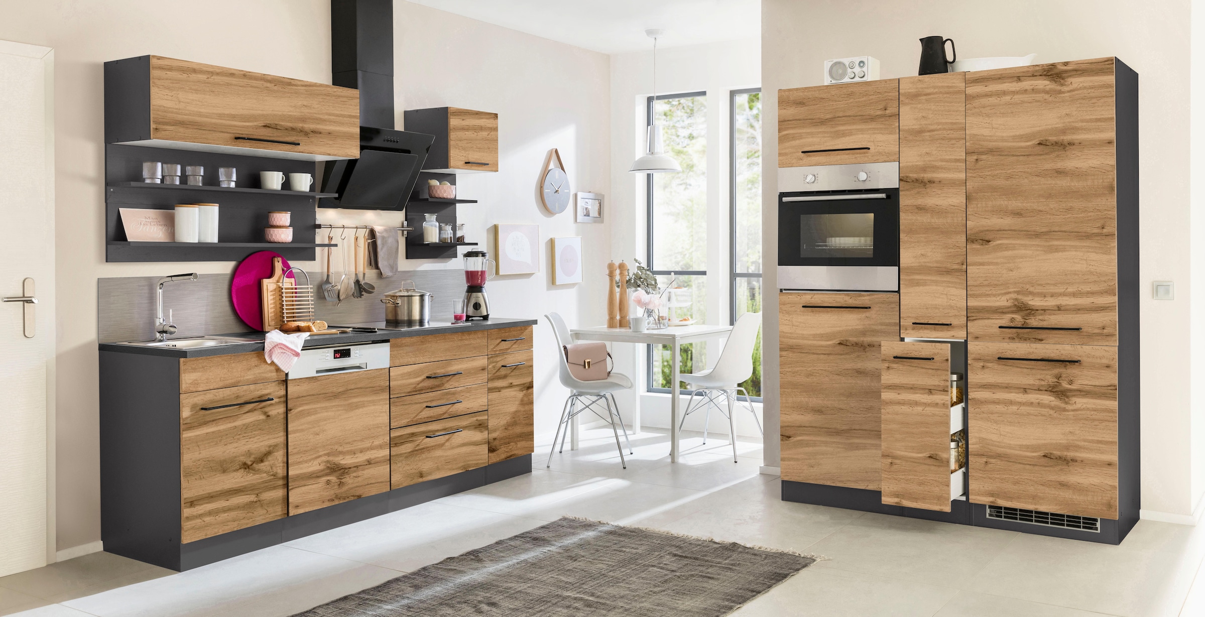 KOCHSTATION Küchenzeile »KS-Tulsa«, mit E-Geräten, Breite 360 cm, schwarze Metallgriffe, MDF Fronten