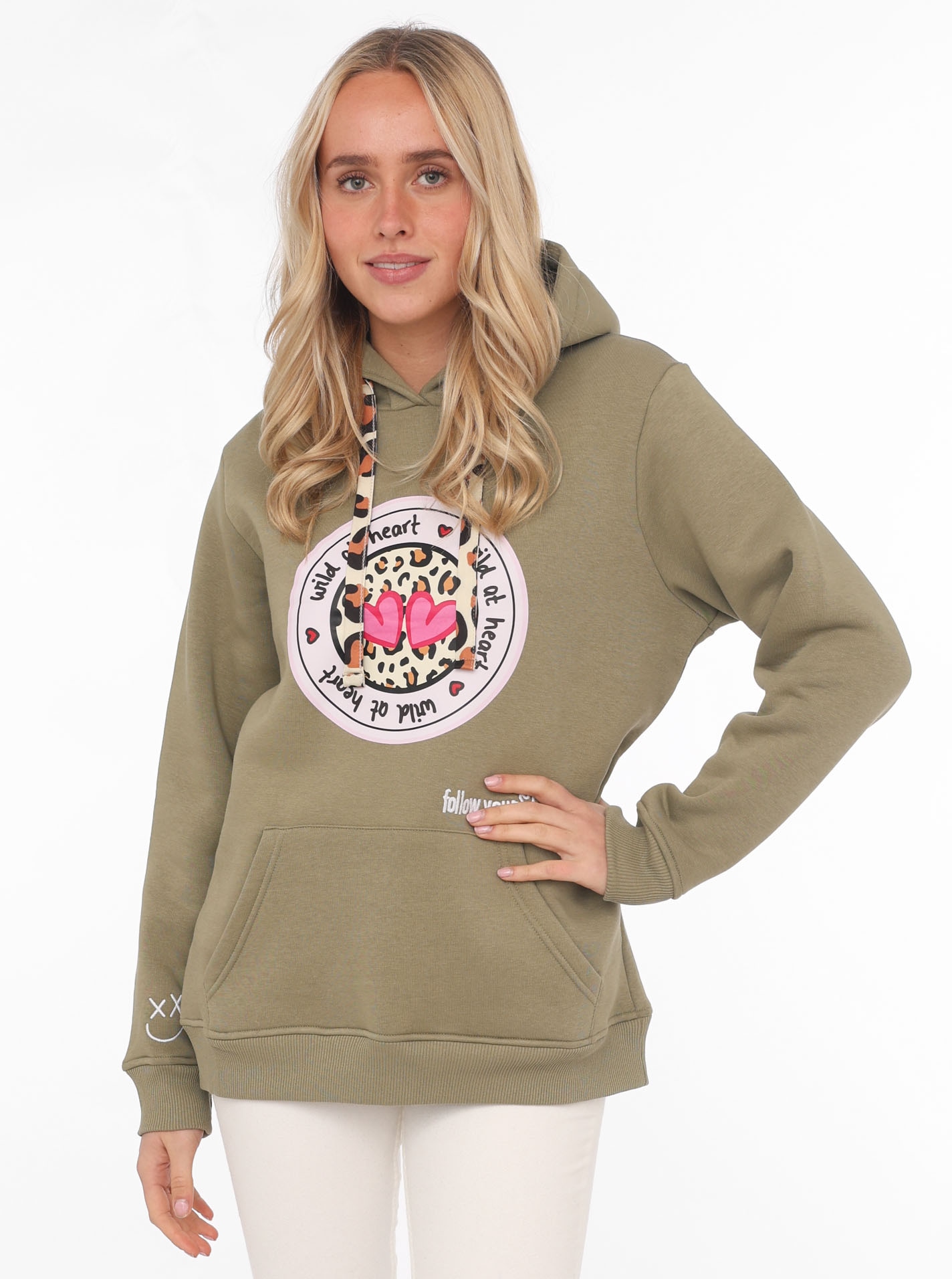 Zwillingsherz Hoodie, mit "Wild at Heart"-Aufdruck und Bindebänder in Leo-Optik