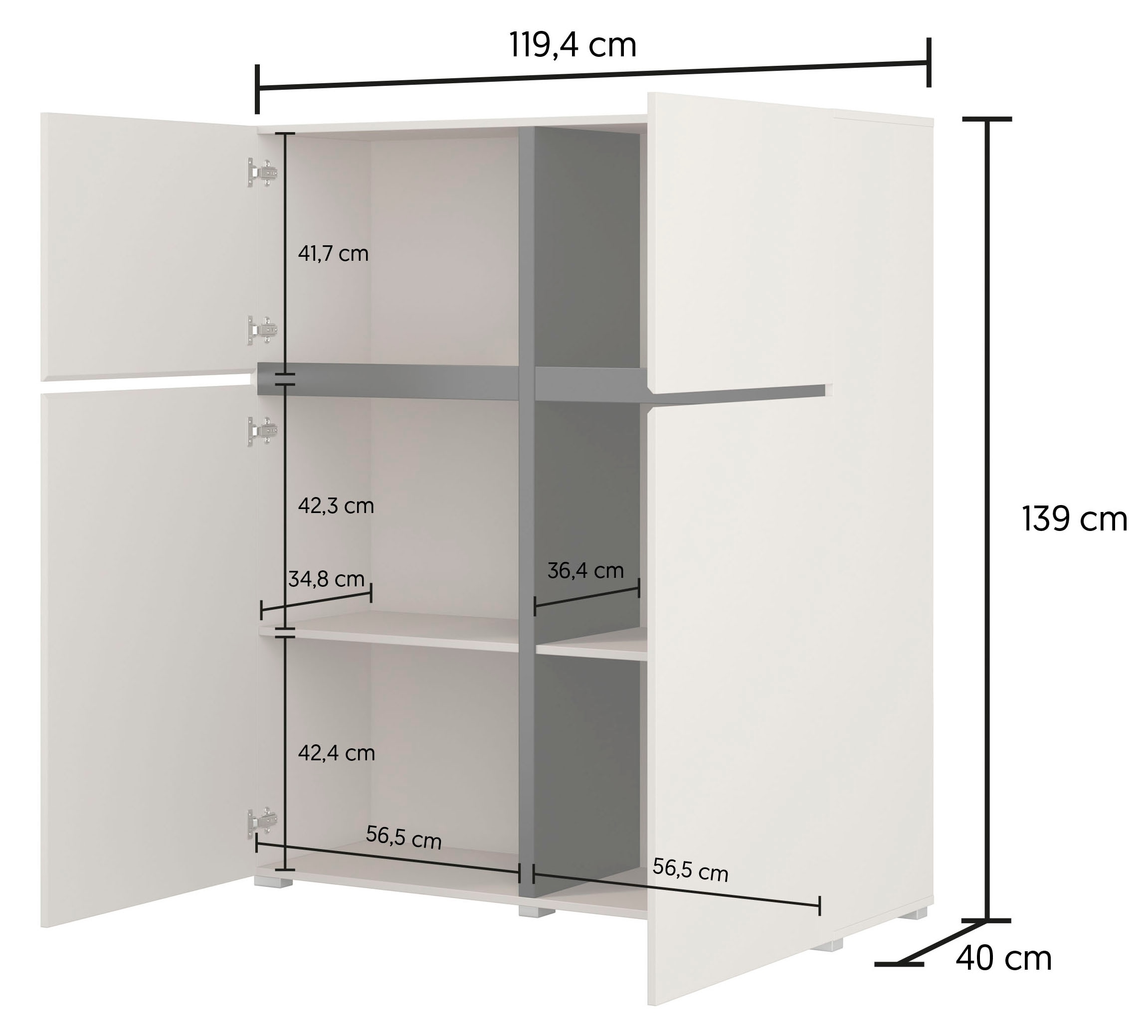 OTTO home Hochkommode »Cross,Breite 119,5 cm, moderne grifflose Hochkommode mit 4 Türen« Hochschrank mit viel Stauraum, Einlegeböden verstellbar