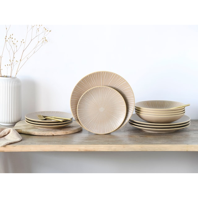 CreaTable Teller-Set »Vesuvio Sand«, (Set, 12 tlg.), seidenmatte Glasur,  ausdrucksstarkes Relief | BAUR