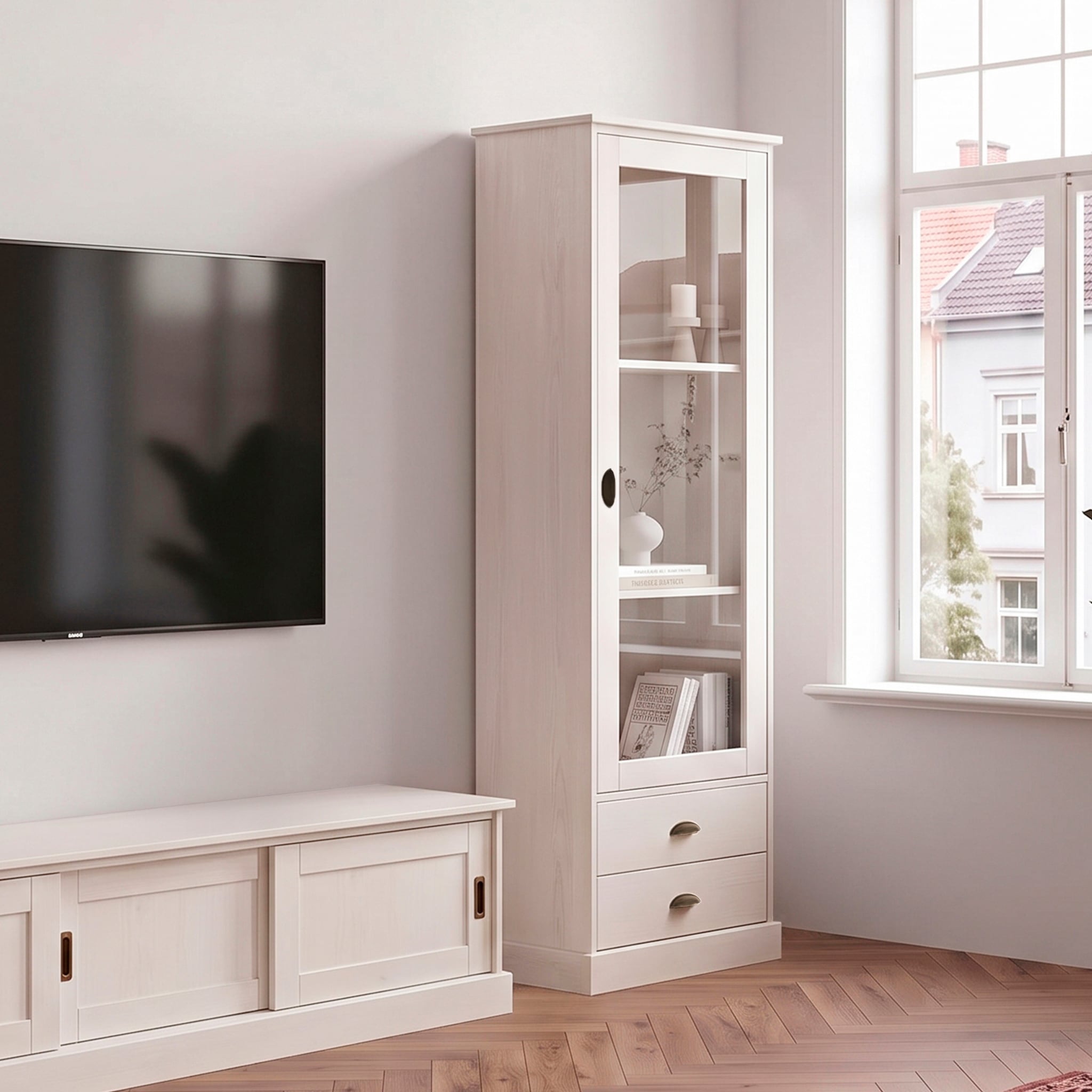 OTTO home Vitrine »Schröder« mit 1 Schiebetür, 2 Schubkästen, aus massivem Kiefernholz, Breite 55cm