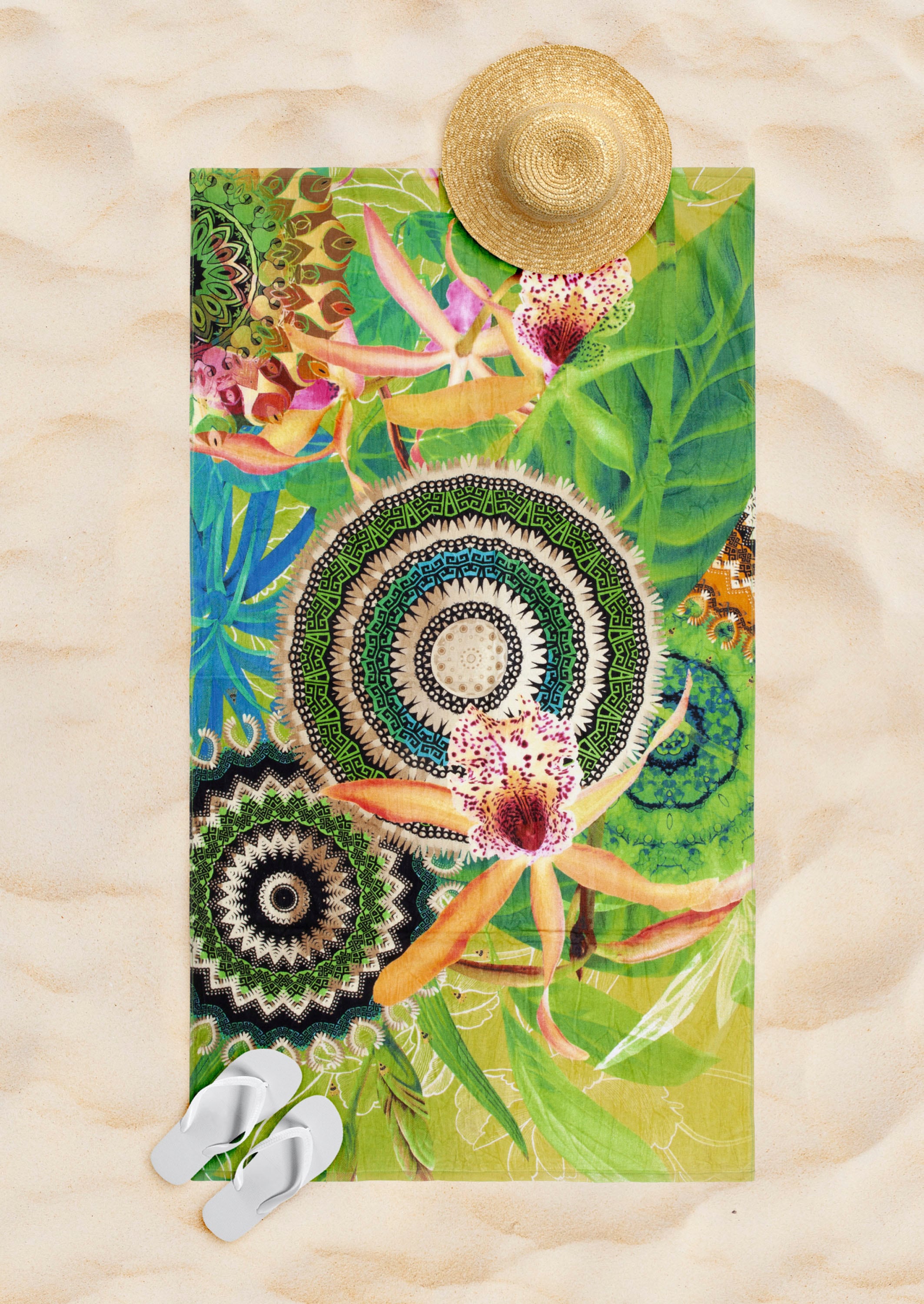 hip Strandtuch »Yissa«, (1 St., Strandtuch 100 x 180 cm), Baumwolle, Velours, 100x180, Weich, Strand, Erwachsen, Mandala, Grün