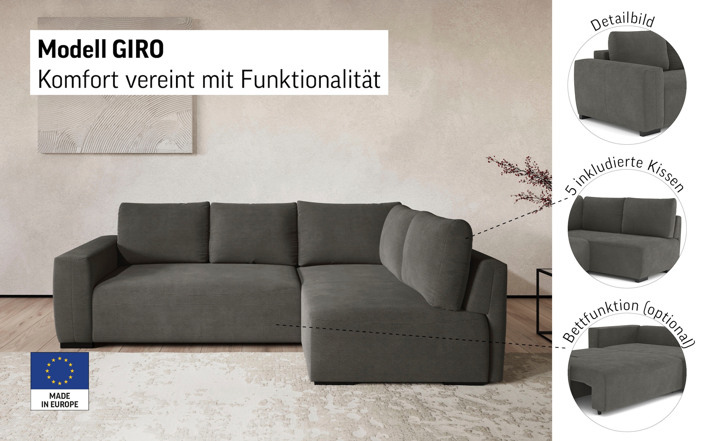 COTTA Ecksofa »Giro L-Form, Ottomane, Breite 252 cm« wahlweise mit Bettkasten und Trendbezug CORD!
