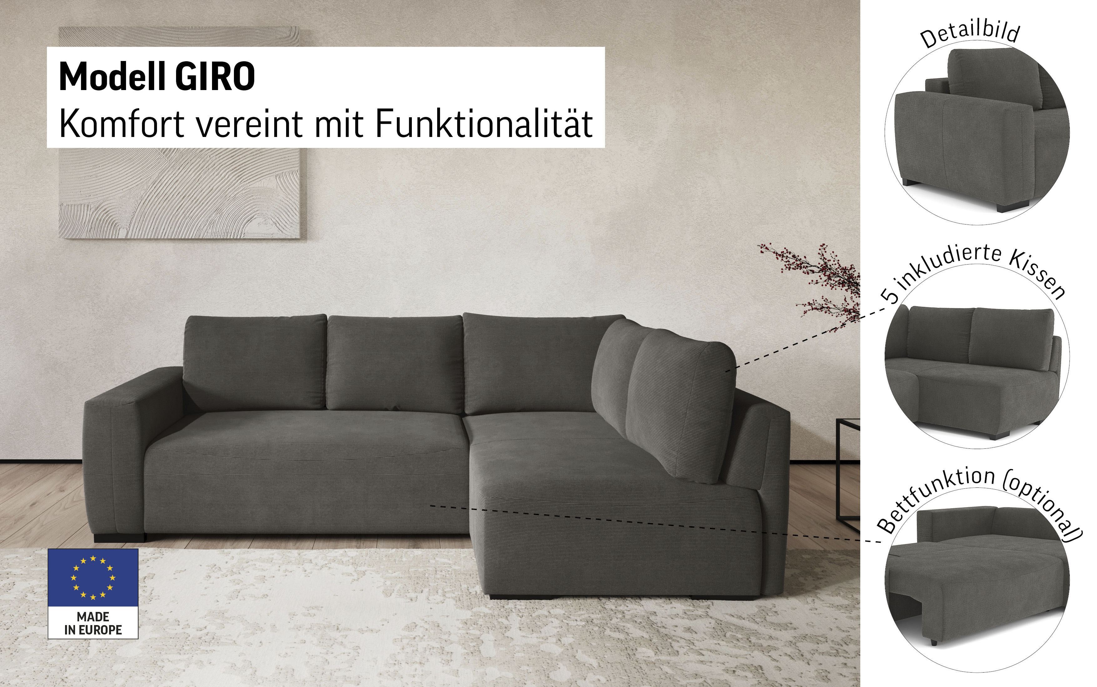 Thumbnail - COTTA Ecksofa "Giro L-Form, Ottomane, Breite 252 cm" wahlweise mit Bettkasten und Trendbezug CORD