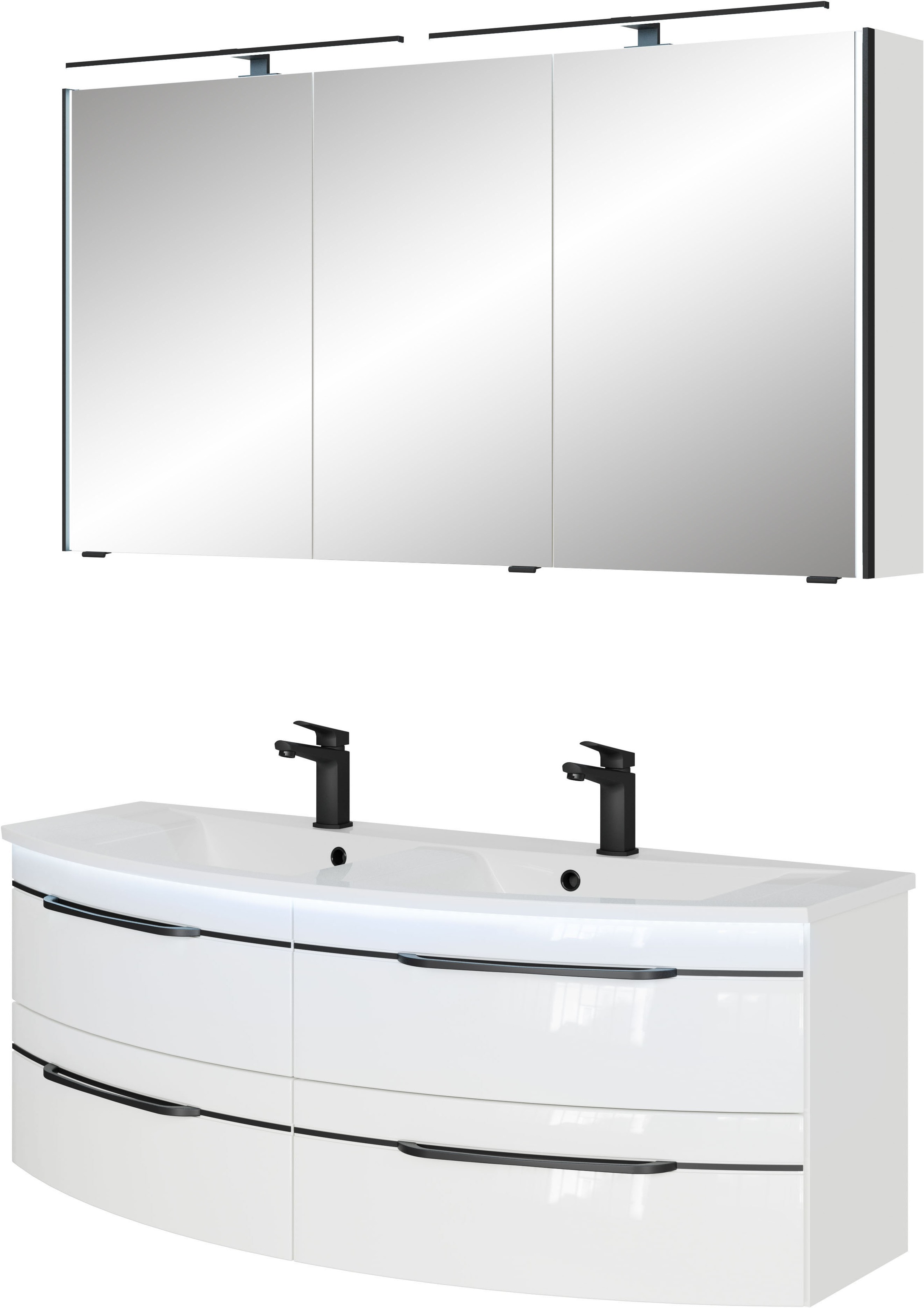 Saphir Badmöbel-Set »Badezimmer-Set 133,2 cm breit, inkl. Türdämpfer, 3 Türen, 4 Schubladen«, (Set, 2 St.), Serie 7045 2-teilig Mineralmarmor-Doppelwaschtisch, LED-Spiegelschrank