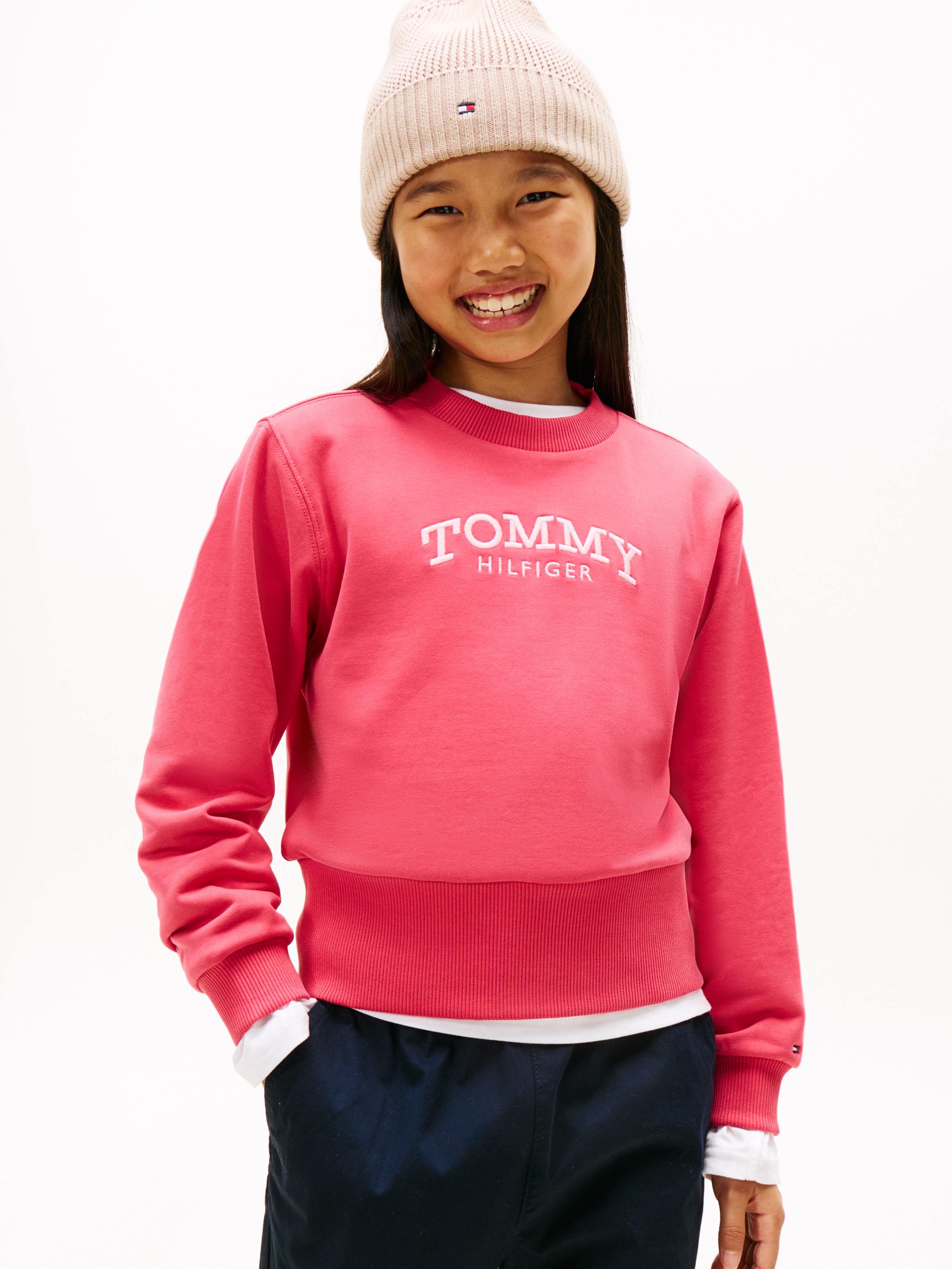 Sweatshirt TOMMY HILFIGER, Mädchen, Gr. 7 (122), vintage cerise, Sweatware, Obermaterial: 78% Baumwolle, 18% Polyester, 4% Elasthan, unifarben, regular fit normal, Rundhals, eingesetzt Rippbündchen, Sweatshirts Sweatshirt, Regular fit, für Kinder bis 16 J 2