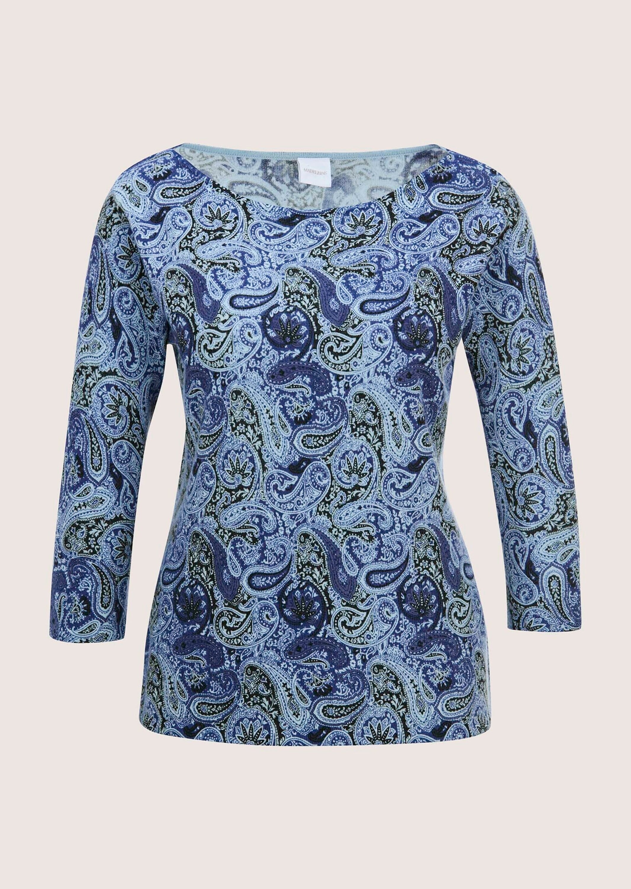 Longpullover MADELEINE "Kaschmirpullover Leichter Feinstrickpullover mit Paisley-Muster", Damen, Gr. 36/38, weiß (wollweiß, schwarz, multicolor), Obermaterial: 100% Kaschmir WS., Modern, Pullover Longpullover, Unikat-Druck