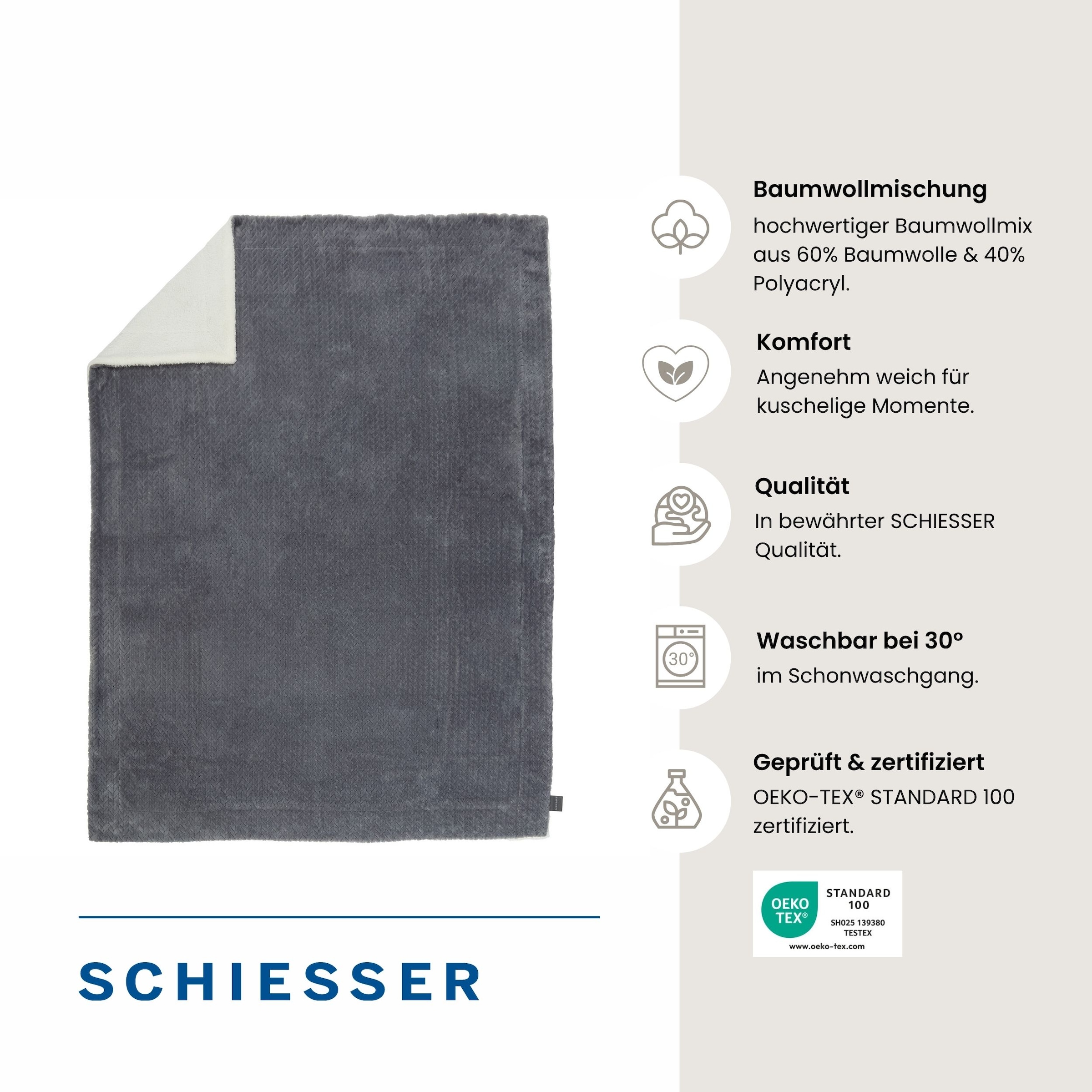 Schiesser Wohndecke »Elsa Wohndecke mit Zopfmuster und flauschiger Sherpa-Rückseite« mit aufwendigem Zopfmuster
