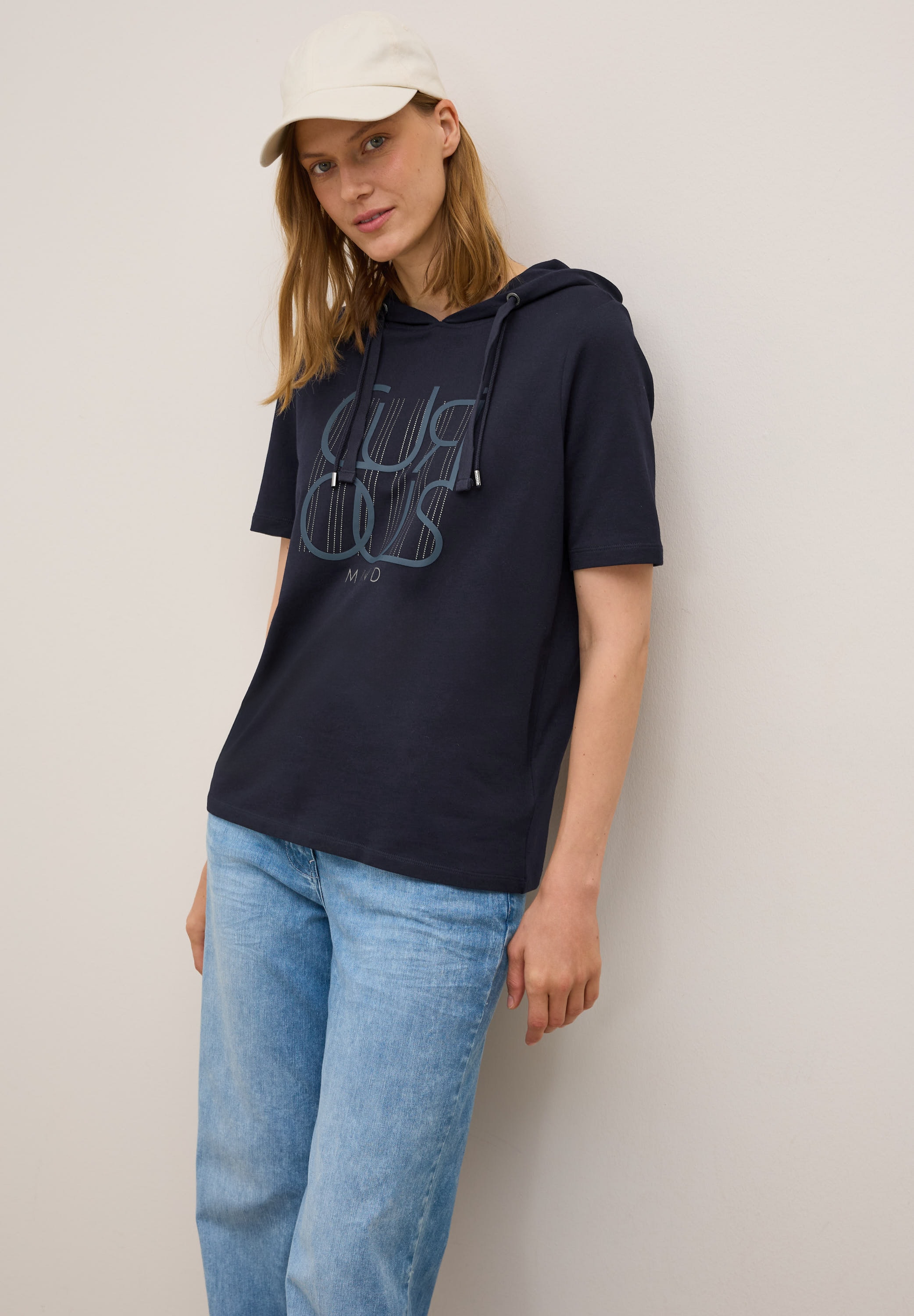 Cecil Kapuzensweatshirt, Halbarm-Shirt mit Glitzer-Print und Kapuze günstig online kaufen