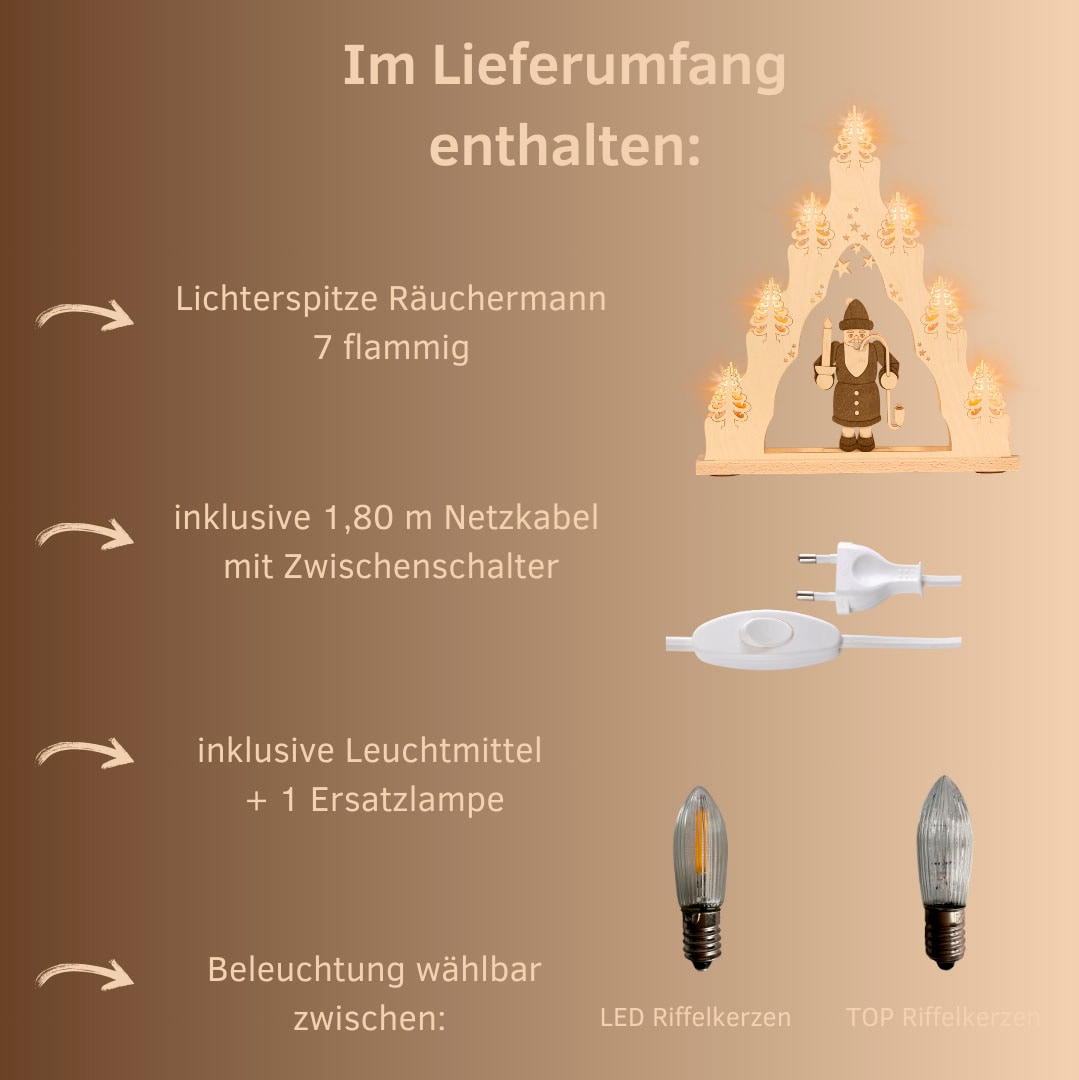 Weigla LED Schwibbogen »Räuchermann, Lichterspitze aus Holz, NATUR-BRAUN«, Erzgebirge garantiert, Weihnachtsdeko Innen, Weihnachtsbeleuchtung