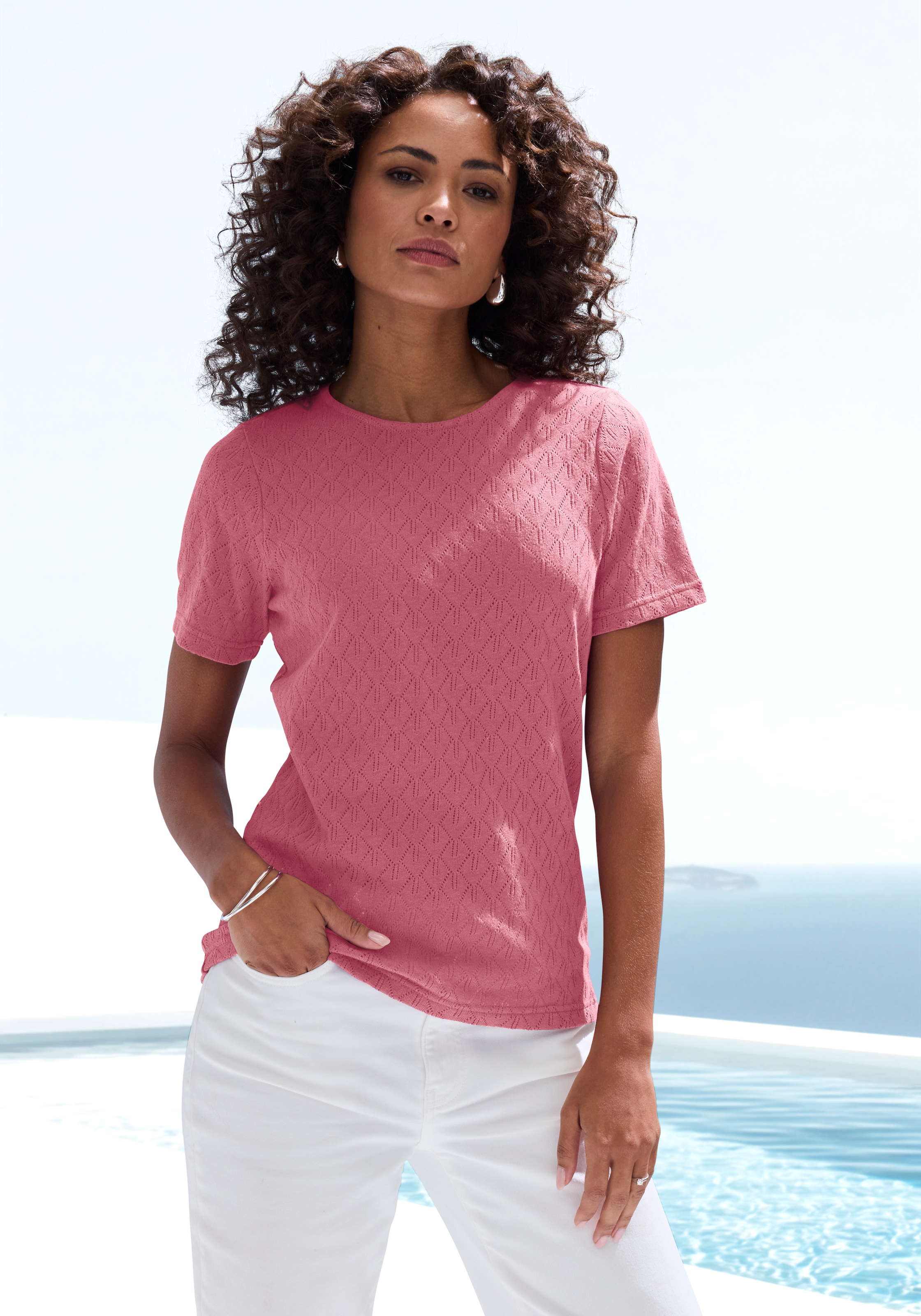 Vivance Kurzarmshirt "mit modischem Ajour-Muster" aus weicher Baumwoll-Qual günstig online kaufen