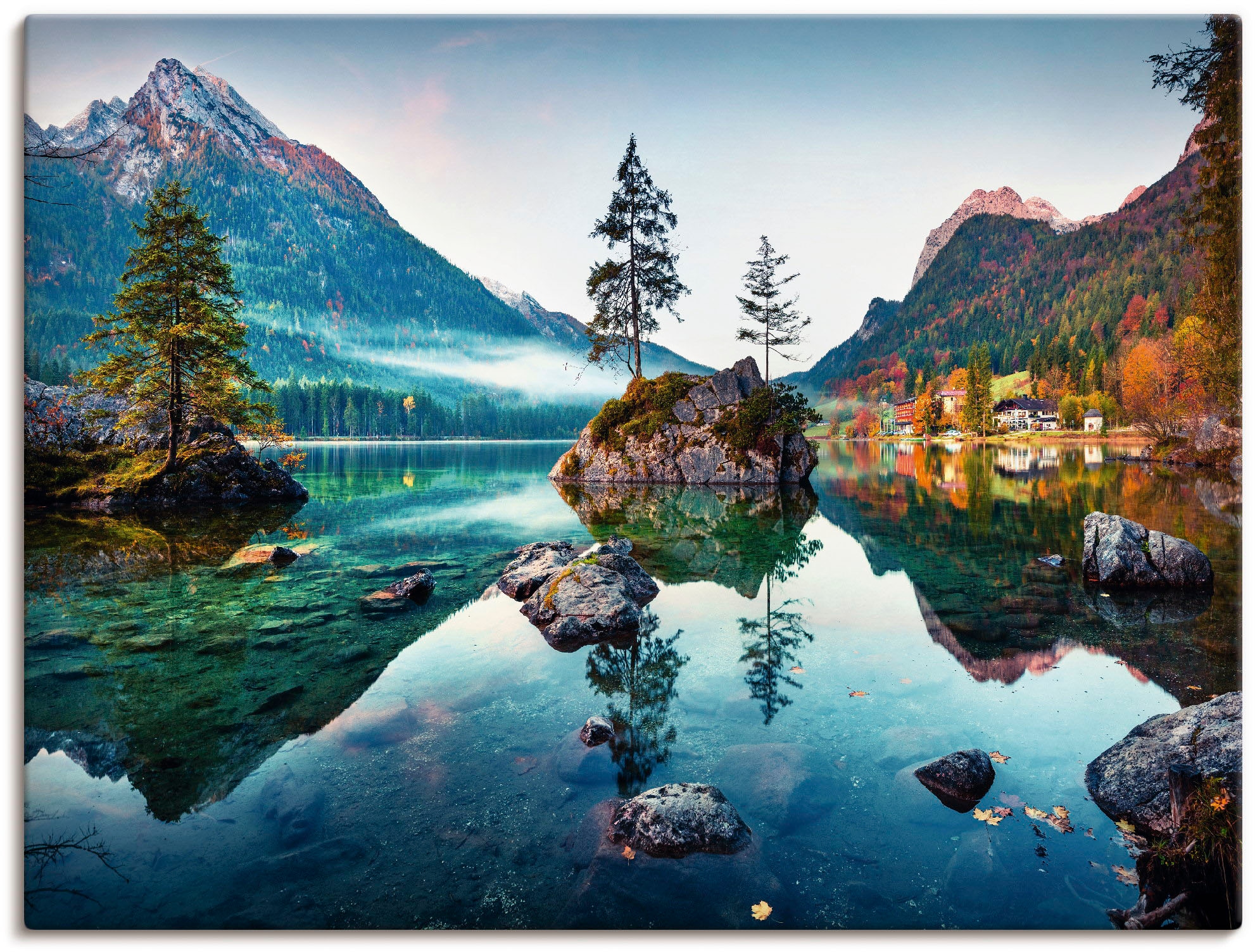 Artland Wandbild "Herbstszene des Hintersee vor Alpen", Seebilder, (1 St.), als Alubild, Outdoorbild, Leinwandbild, Post