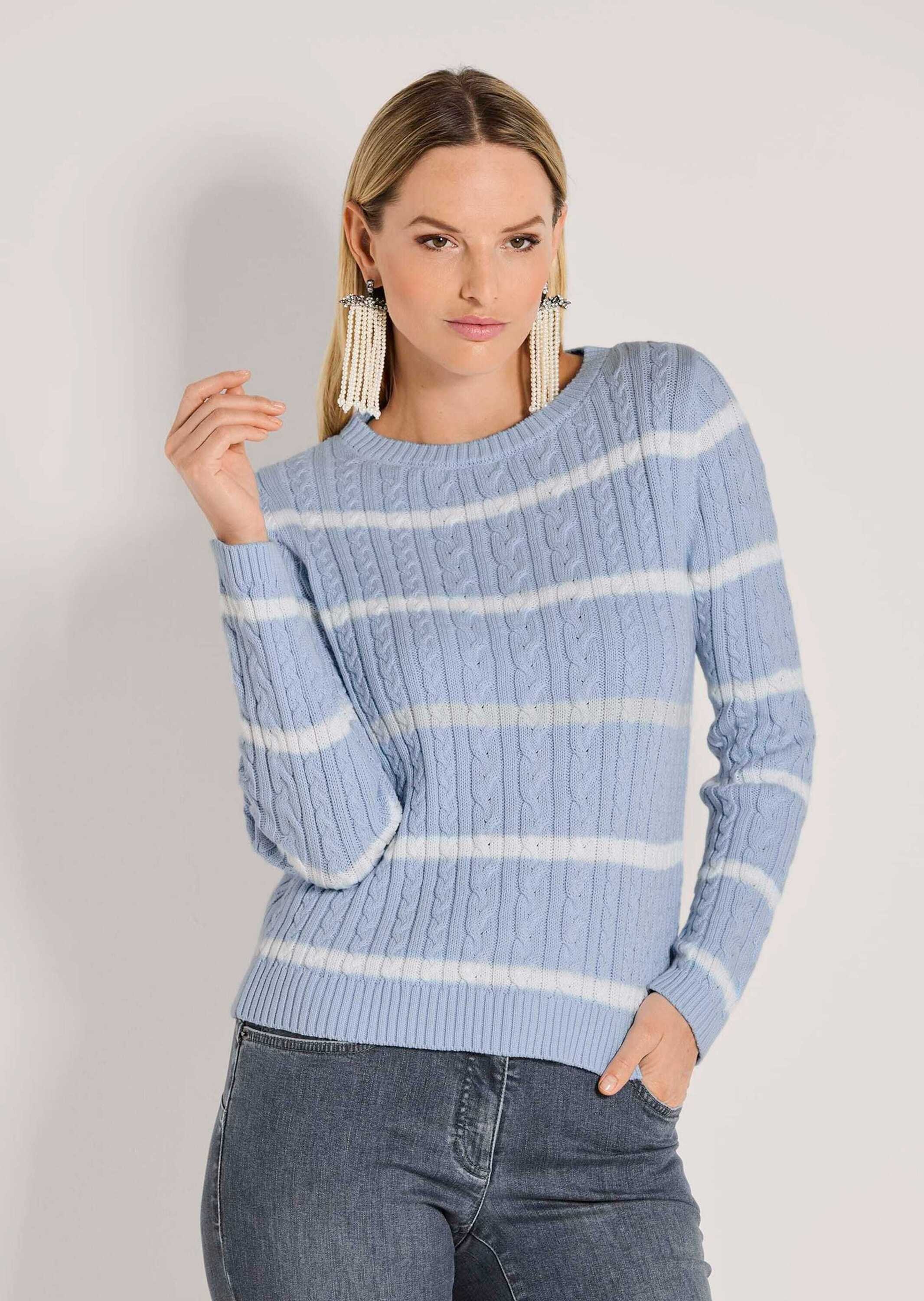 Thumbnail - MADELEINE Longpullover "Strickpullover Moderner Baumwollpullover mit Zopfmuster und Ringel-Design" Kontraststreifen