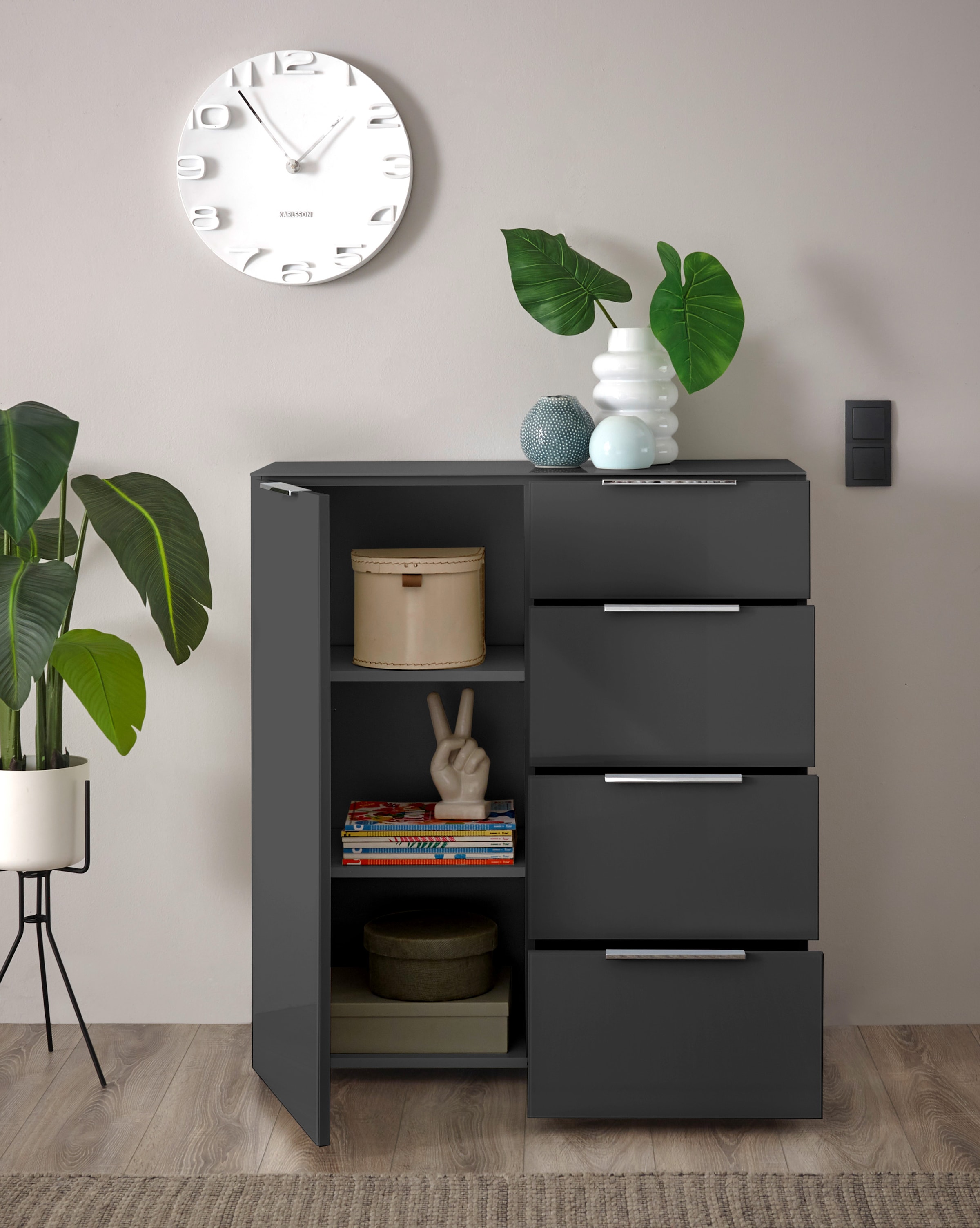HBZ Sideboard »Santorin Mehrzweckschrank-Universalschrank, BxHxT 90x99x40 cm«, (1 St.), Mit 1 Tür und 4 Schubkästen mit Softclose, Glasfront und Glasoberboden