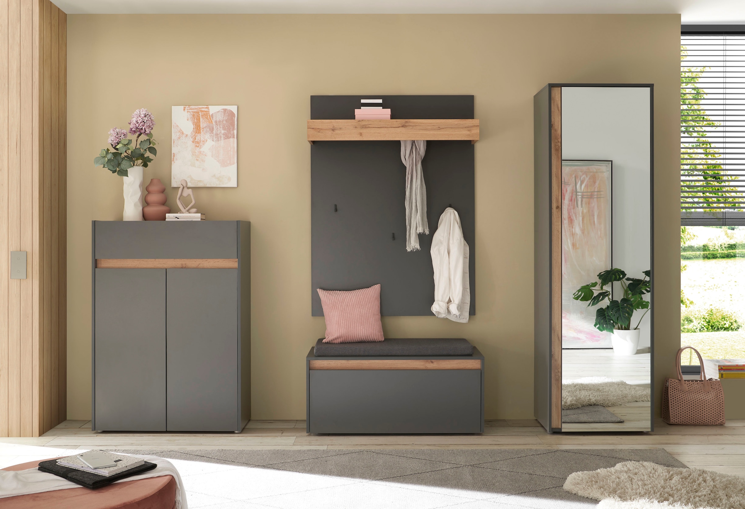 INOSIGN Garderoben-Set »City/Giron, moderne Garderobe, viel Stauraum, ca. 24 Schuhe«, (Set, 4 St.), enthält Schrank, Paneel, Schuhschrank & Garderobenbank mit Sitzkissen