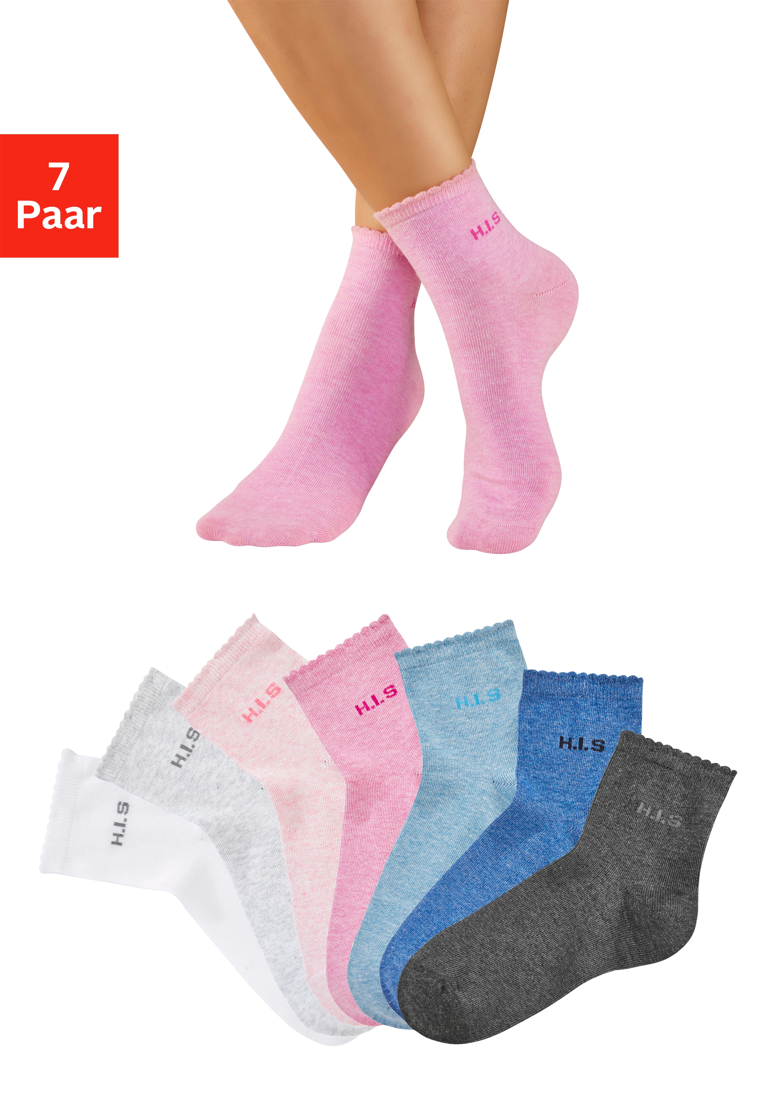 H.I.S Kurzsocken "Damen uni und meliert für die ganze Woche" Packung, 7 Paar tlg. mit gewelltem Bündchen