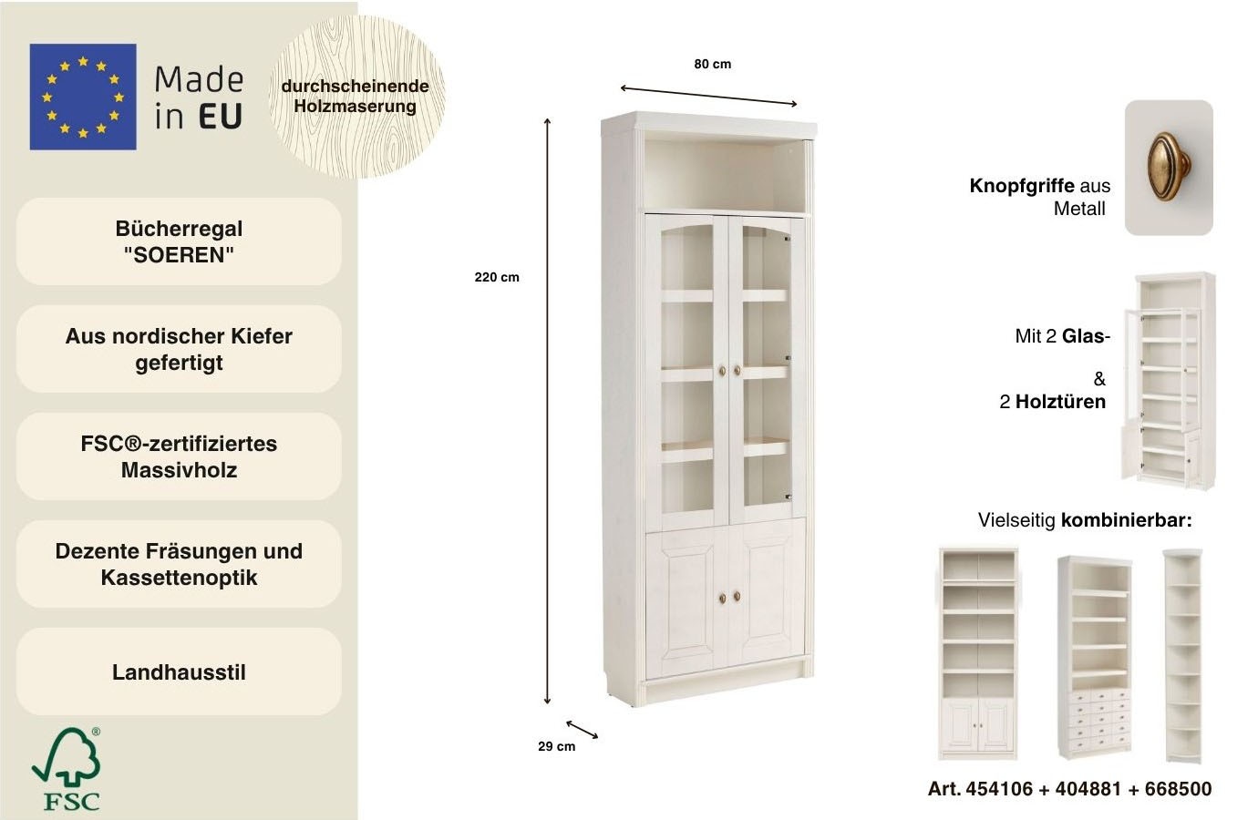 Home affaire Bücherregal »Soeren Vitrine mit 2 Glastüren, Breite/Tiefe: 80/220 cm« Kiefer massiv, Tiefe 29 cm, 2 Holz- und 2 Türen mit Klarglas- Einsatz