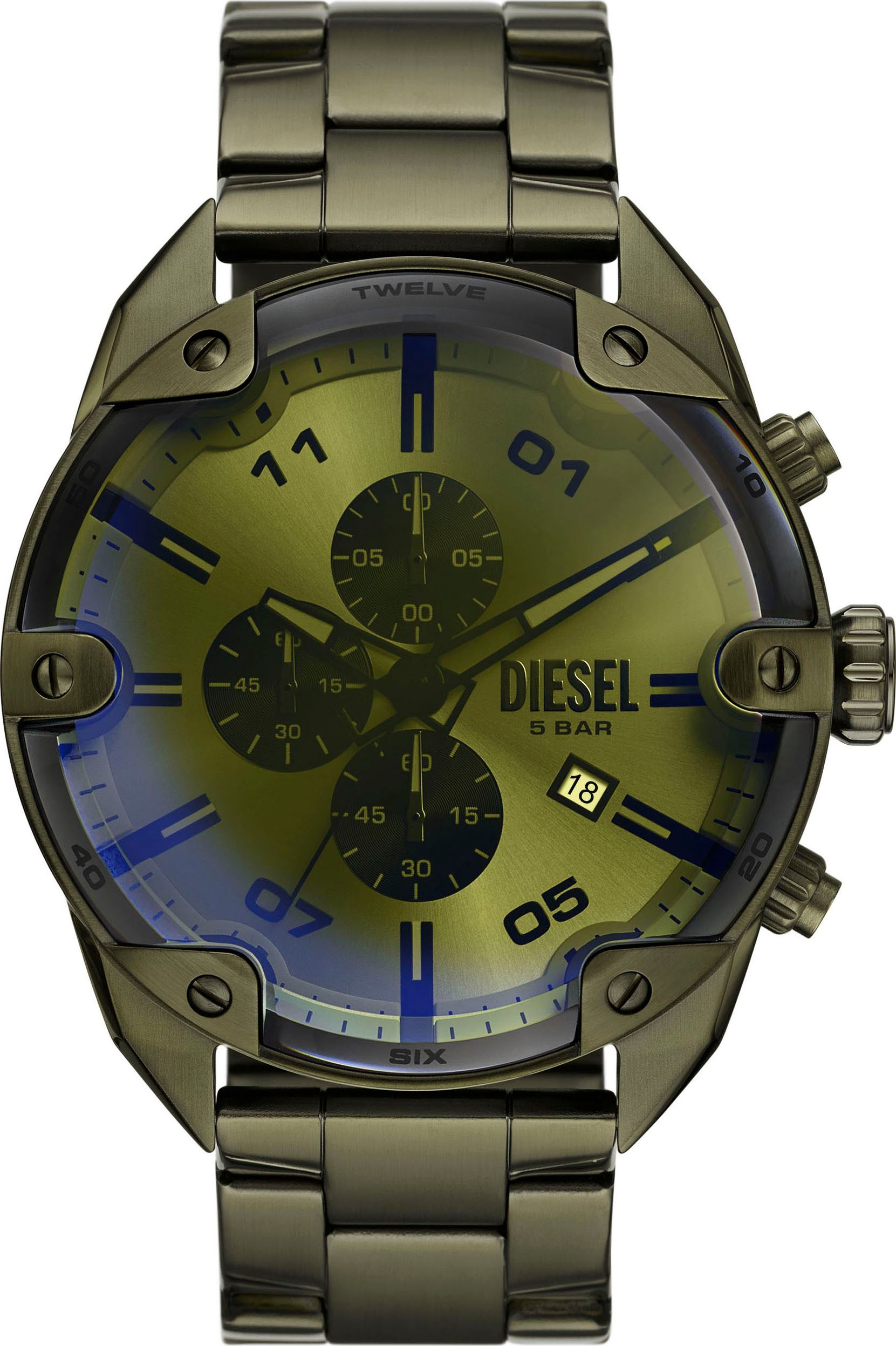 Diesel Chronograph »SPIKED«, Armbanduhr, Herrenuhr, Edelstahlarmband, analog, Tag, Stoppfunktion