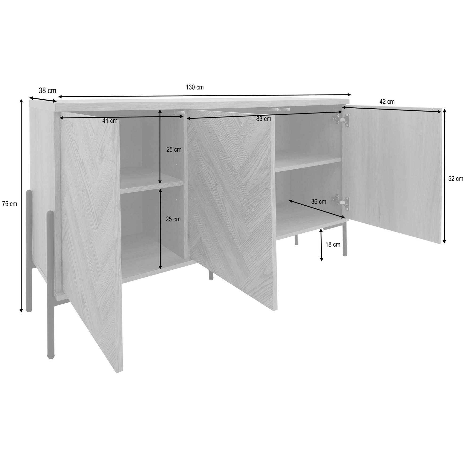 Leonique Sideboard »Eadwine« Kommode, Push-to-open, Türen mit Fischgräten Muster, Breite 130 cm