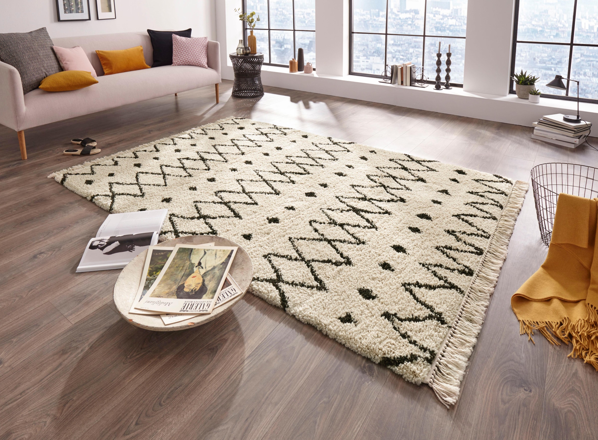 freundin Home Collection Hochflor-Teppich »Calla«, rechteckig, 35 mm Höhe, weicher Flor, Zickzack Muster mit Fransen, Robust, Pflegeleicht
